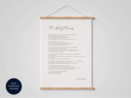 a framed poem titled &quot;The Art of Marriage&quot; by Wilfred A. Peterson.