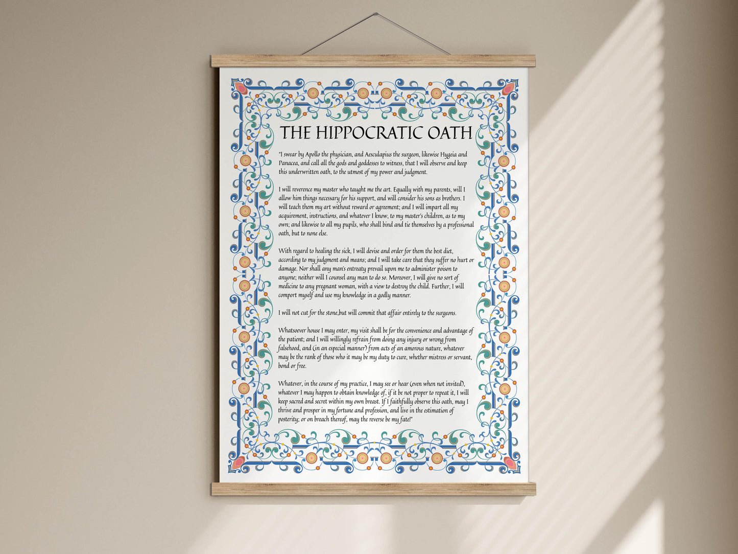 a framed text titled &quot;The Hippocratic Oath&quot; with an ornate border and decorative elements.