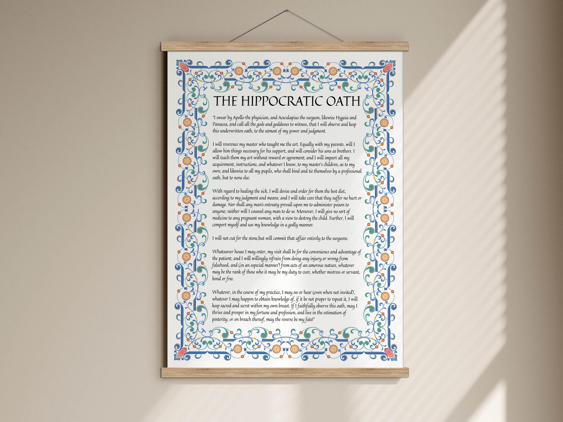a framed text titled &quot;The Hippocratic Oath&quot; with an ornate border and decorative elements.