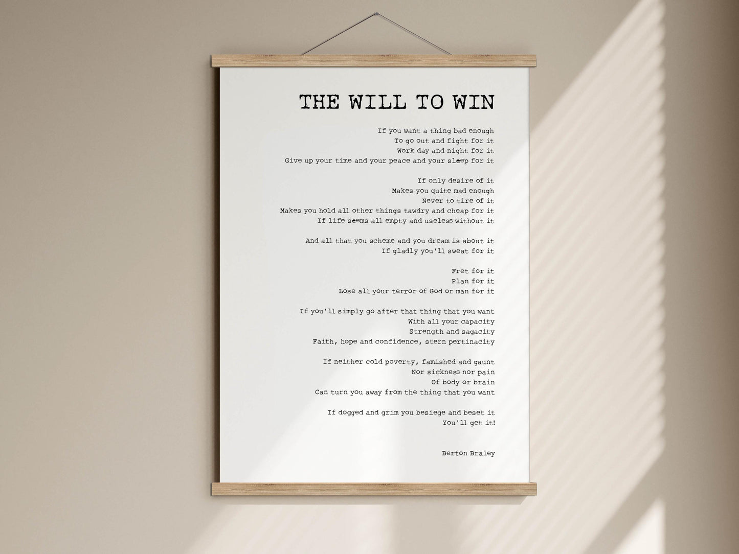 a text poster with a title &quot;The Will to Win&quot; and a list of motivational phrases. The text is written in a serif font and is centered on the poster.