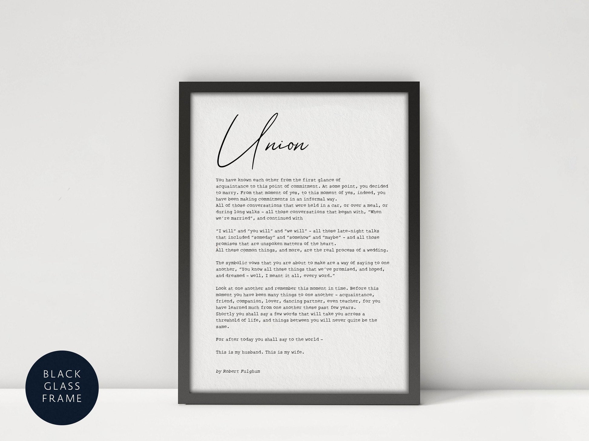 a framed text document titled &quot;Unison&quot; by Robert Flum, which appears to be a handwritten note or letter. The text is written in a cursive font and is framed within a black border. The document is displayed on a white surface, and the image is described as a collage of multiple images.