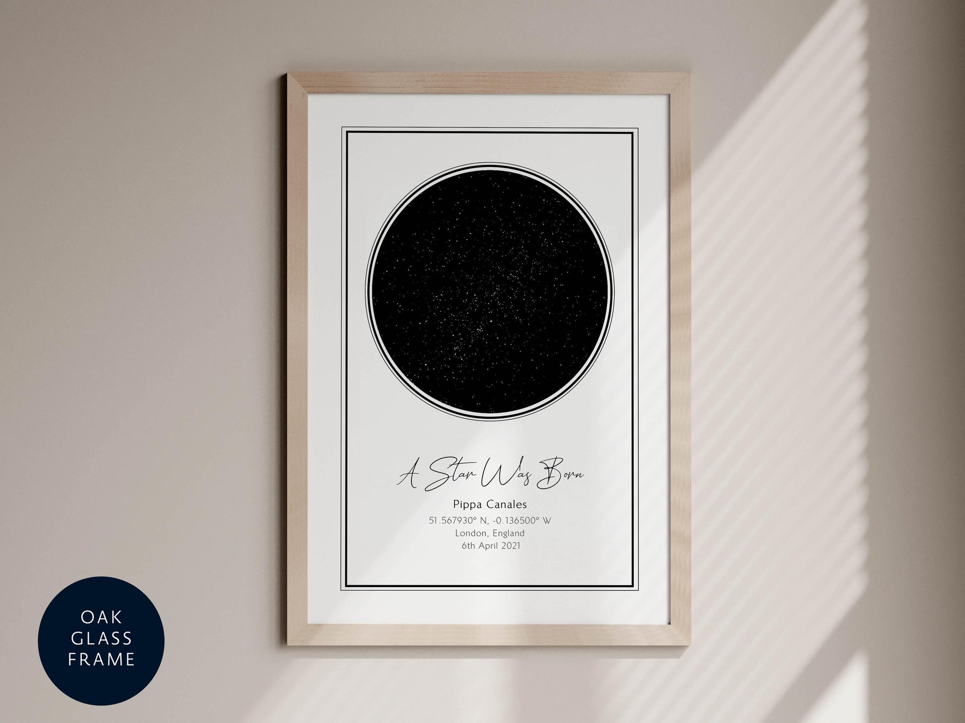 A framed print with a black starry sky design and text that reads &quot;A Star Way Bione&quot; and provides the location &quot;51 565760, N, 141505 W, Llewis, Scotland, 6th April 2021&quot;.