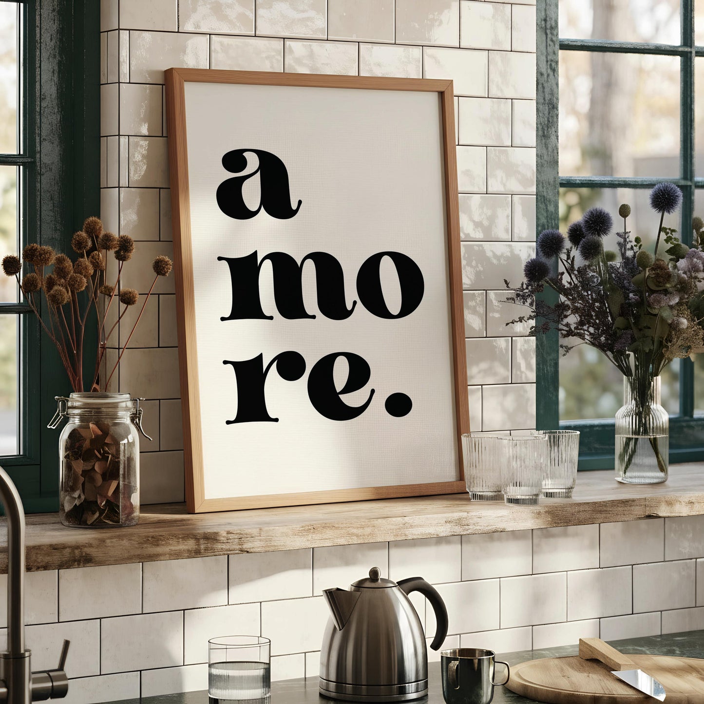 a framed poster with the text "a more."