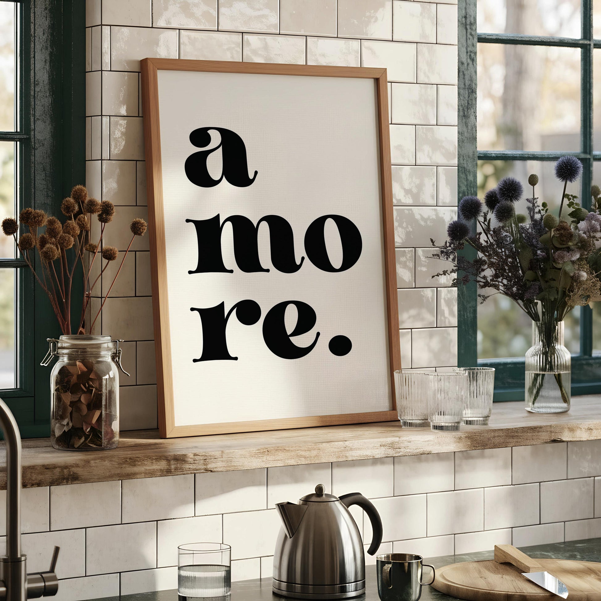 a framed poster with the text "a more."