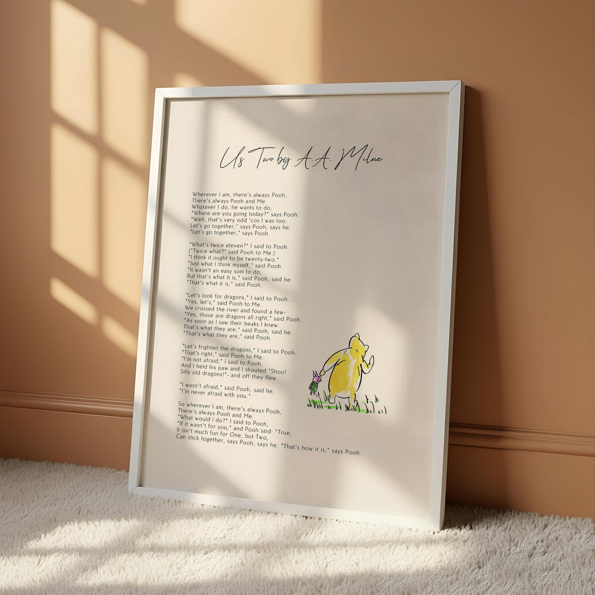 The image is a poster featuring a poem titled "Us Two by a M Mile" with a yellow illustration of a character from the story of Winnie the Pooh.