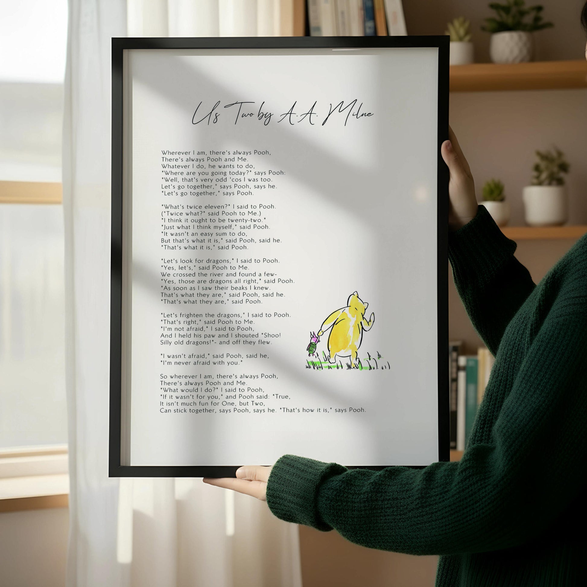 The image is a framed print of a poem titled "Us Two by a Moo" by Pooh, featuring illustrations of the characters from the story.