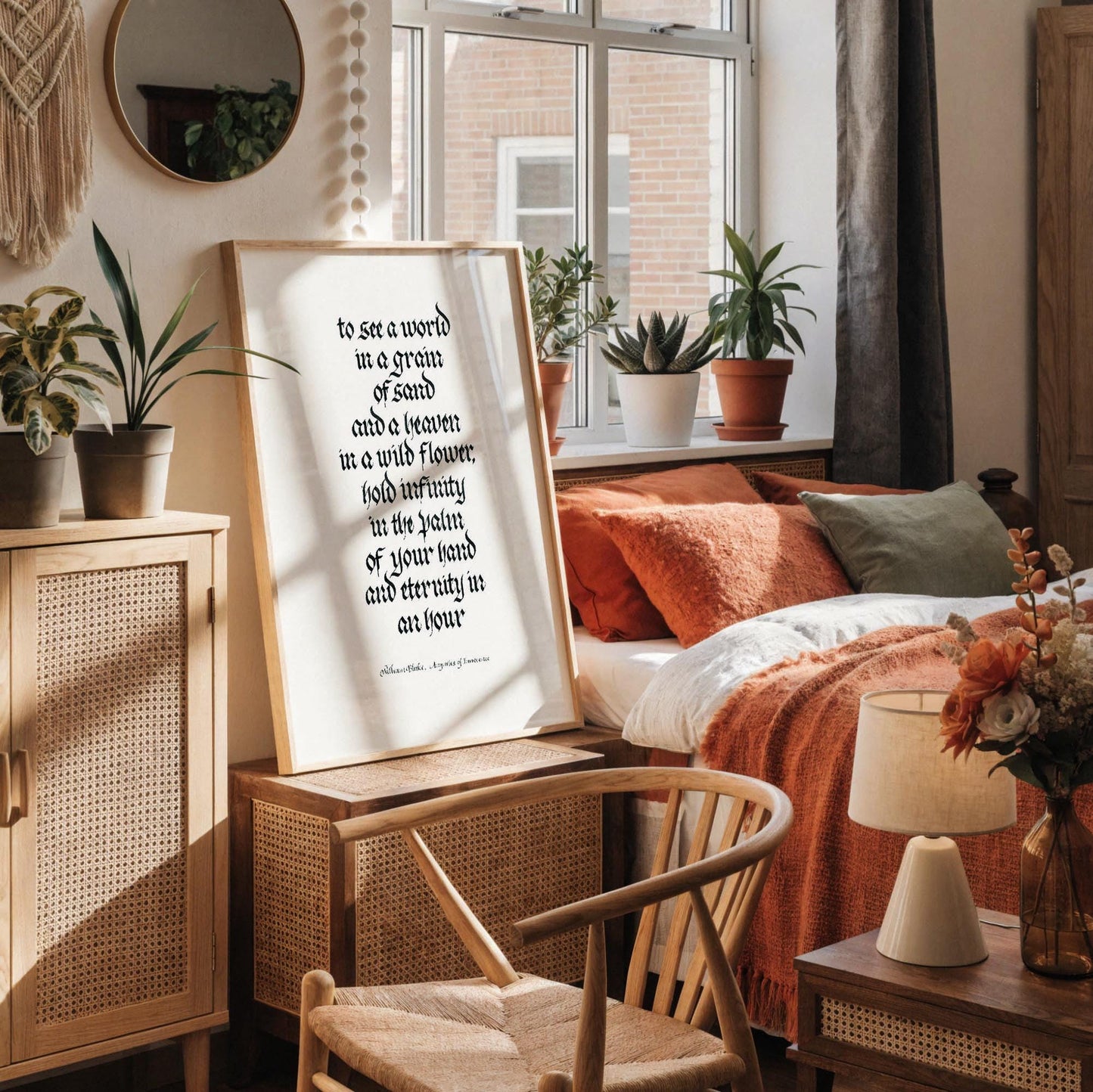 a framed quote on a white shelf, surrounded by various objects such as a notebook, a cup, and a vase with dried flowers.