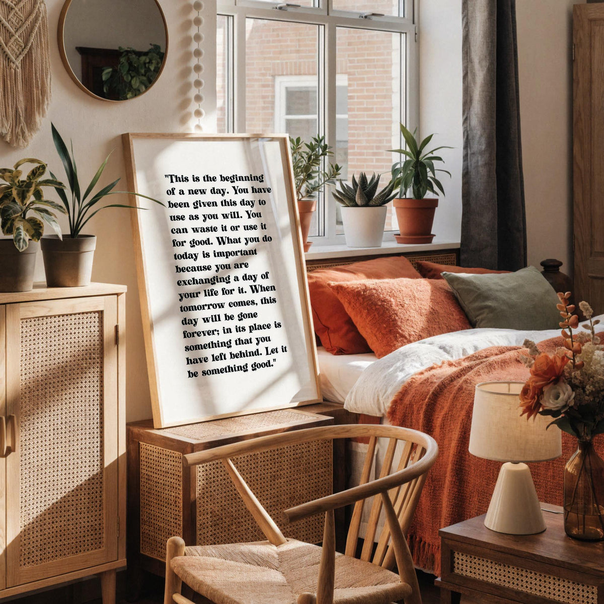 a framed quote on a white shelf, surrounded by various objects such as a white vase, a white mug, and a white plant.