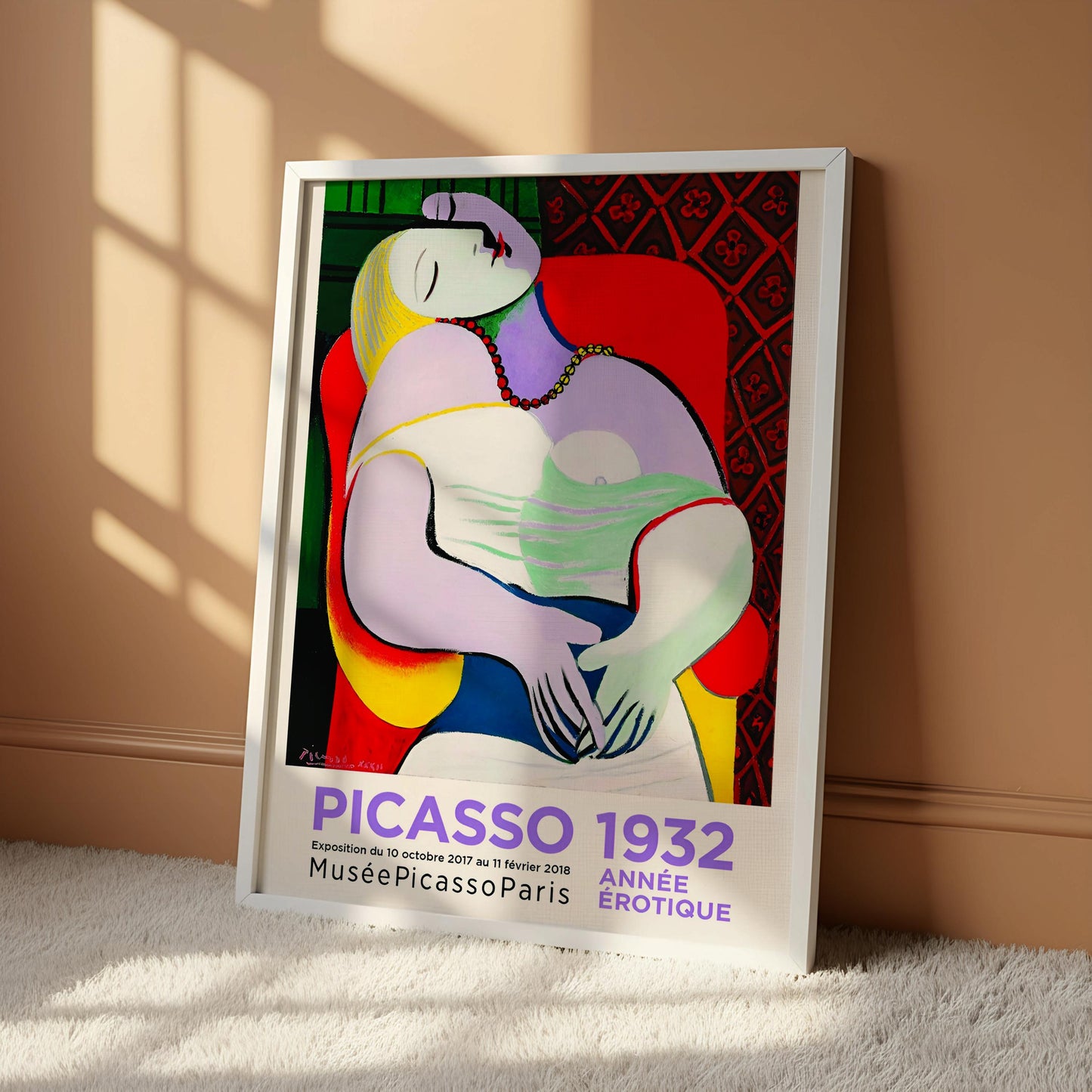 A framed poster of the painting "PICasso 1932" by the artist Anne Seigneur-Nouvelle, hanging on a wall.