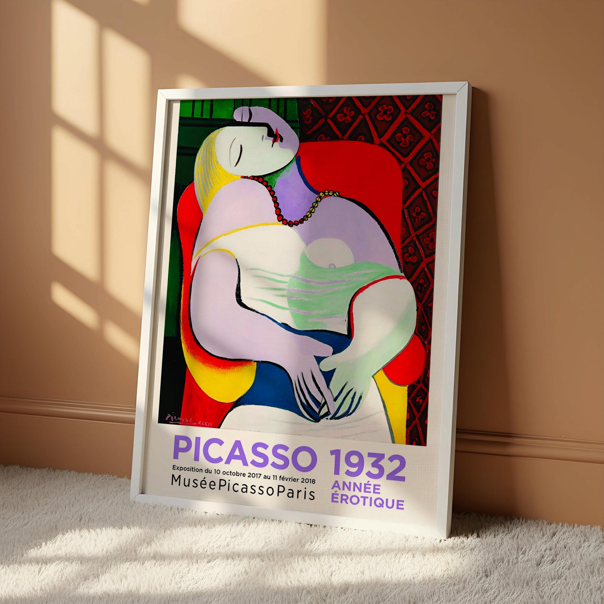 A framed poster of the painting "PICasso 1932" by the artist Anne Seigneur-Nouvelle, hanging on a wall.