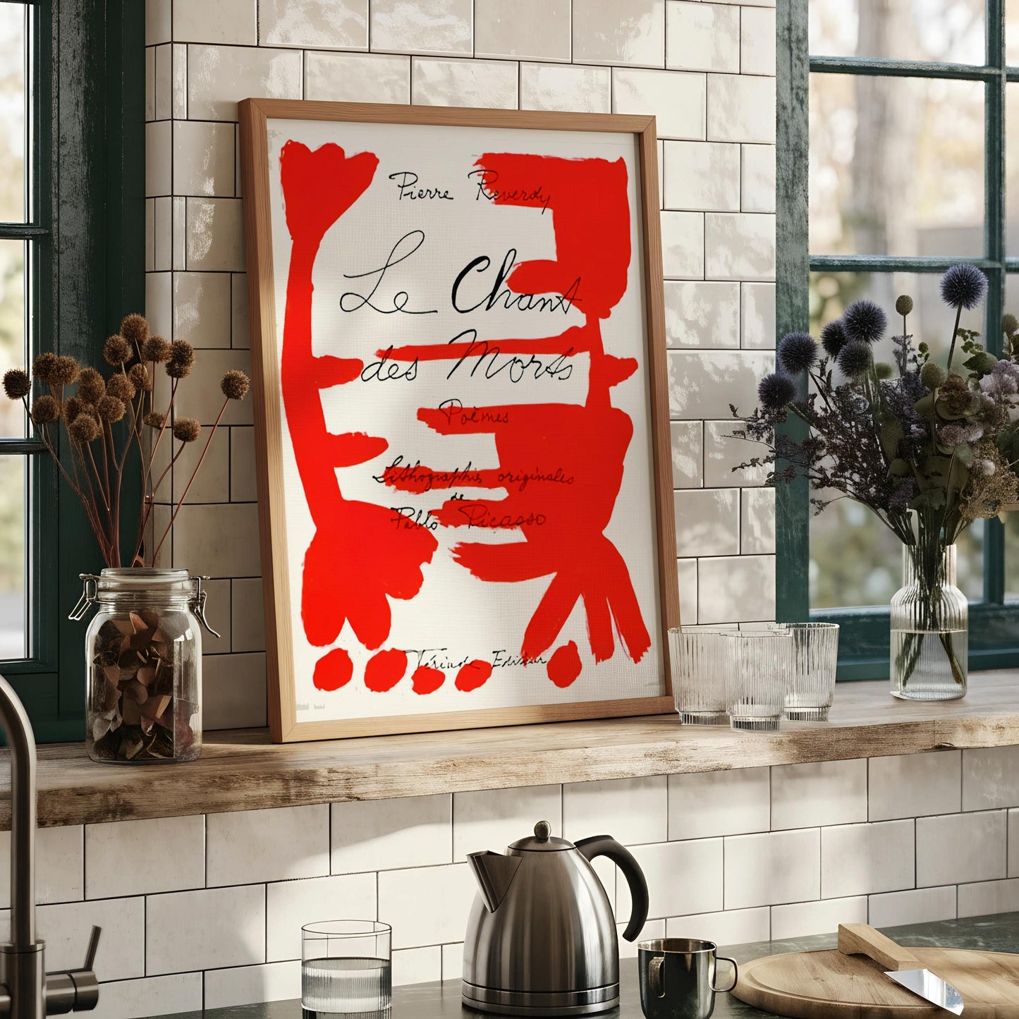 The image is a framed poster with an abstract design in orange and white colors.