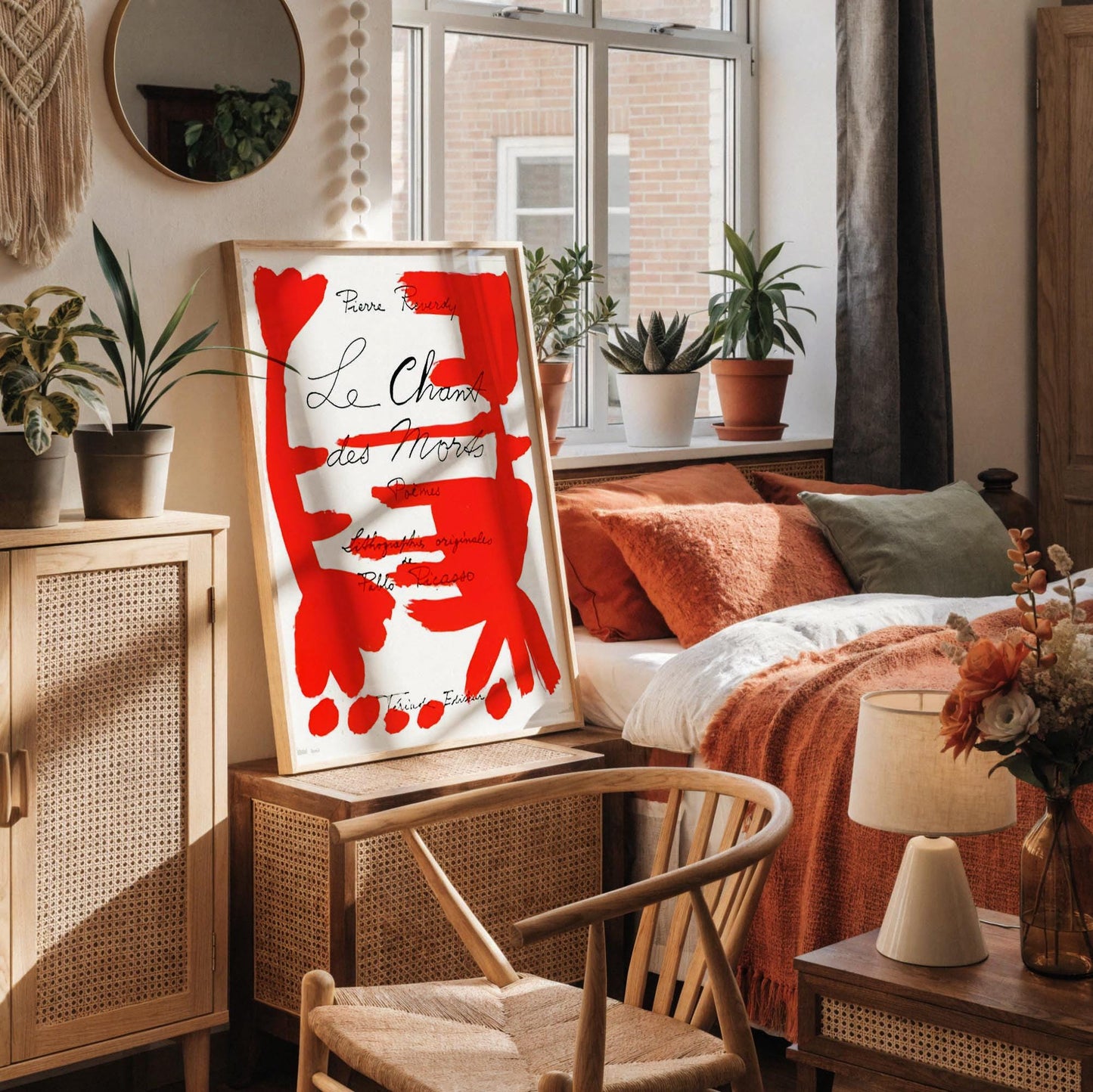 a white desk with a framed poster of an abstract red and white design hanging on the wall above it. The desk also has a notebook, a cup, and some decorative items such as a vase and a potted plant.