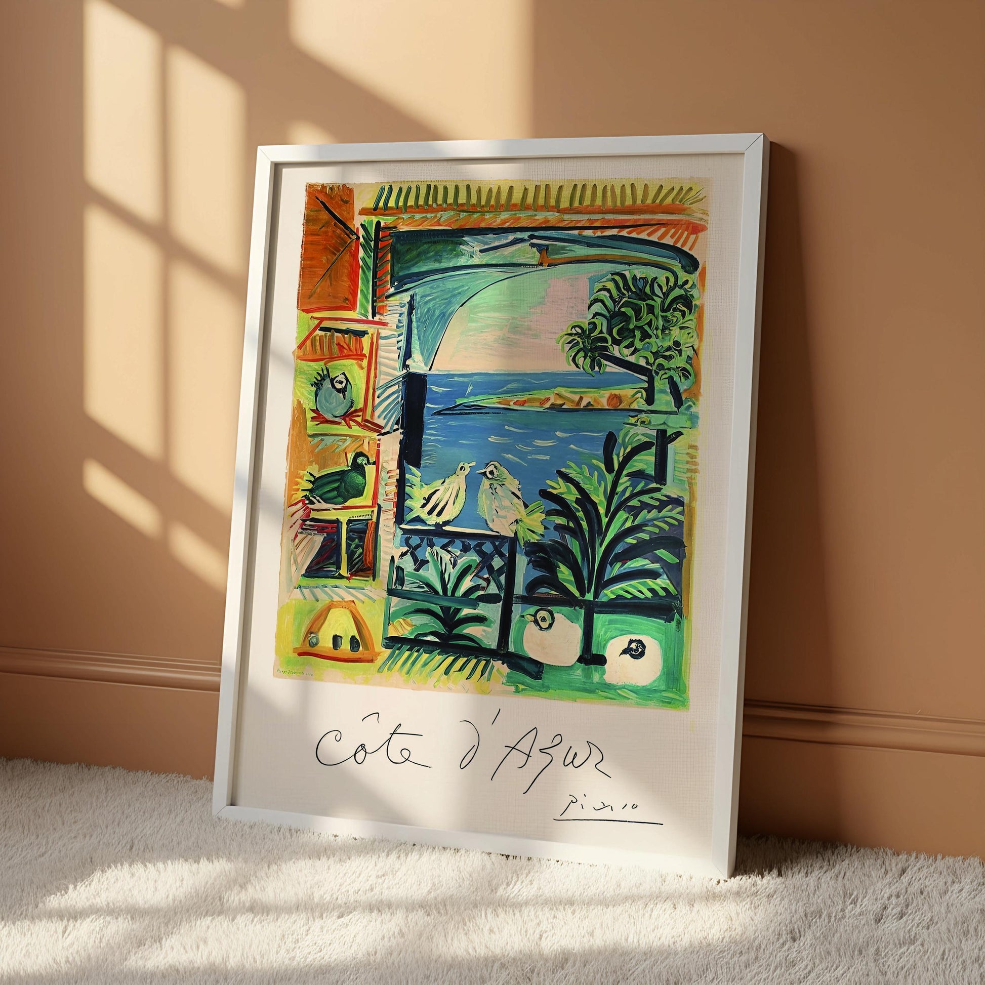 The image is a framed artwork depicting a colorful and vibrant scene with various elements, including birds, plants, and a body of water.