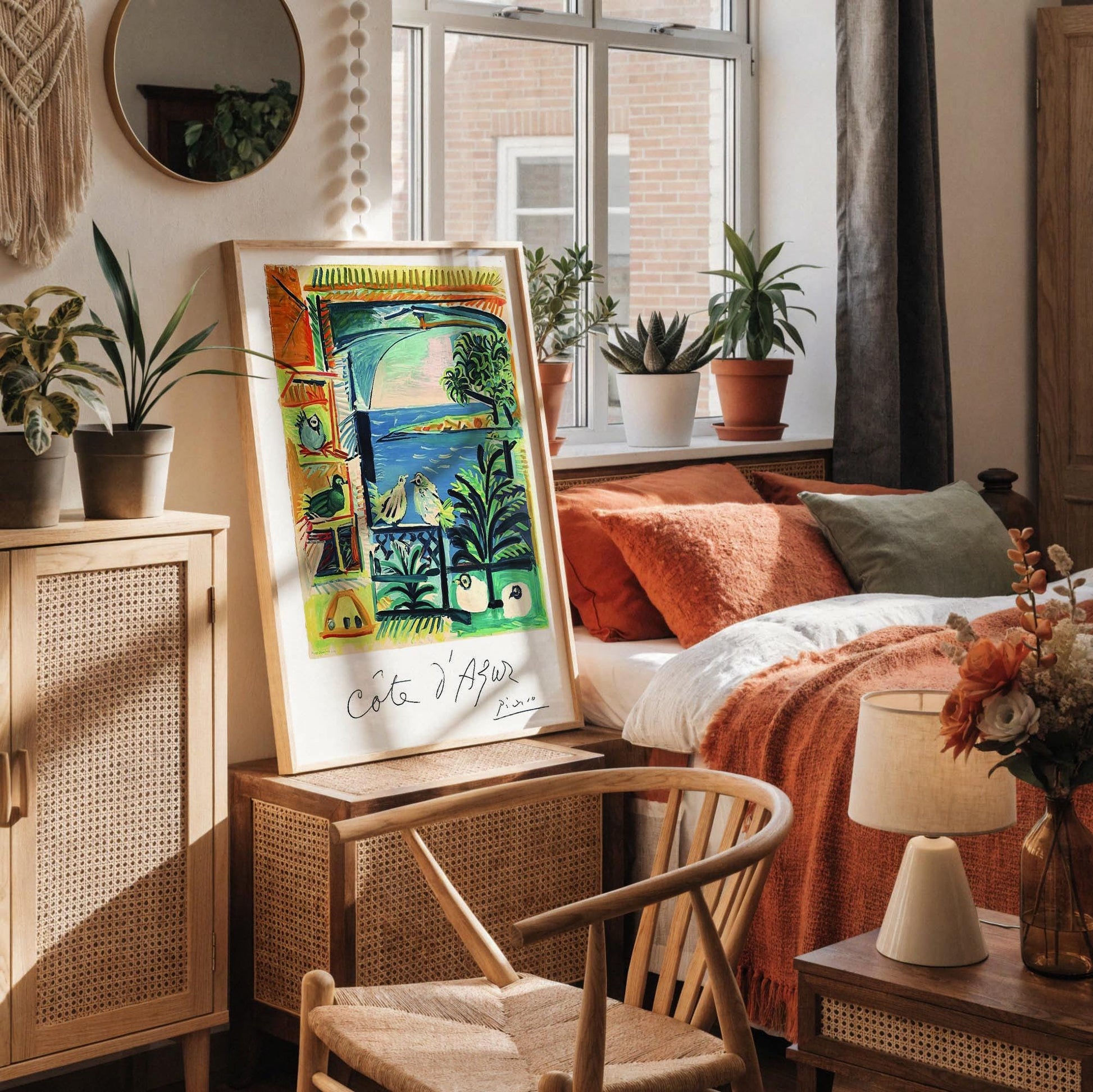 a framed painting of a tropical landscape with palm trees, birds, and a body of water, displayed on a white wall above a desk with various items on it.