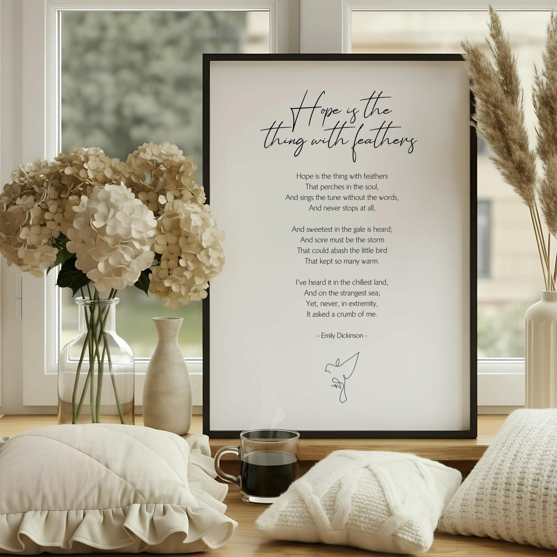 Hope is the thing with feather Print, Framed Poem by Emily Dickinson, Hope Poster, Wall decor, living room artwork