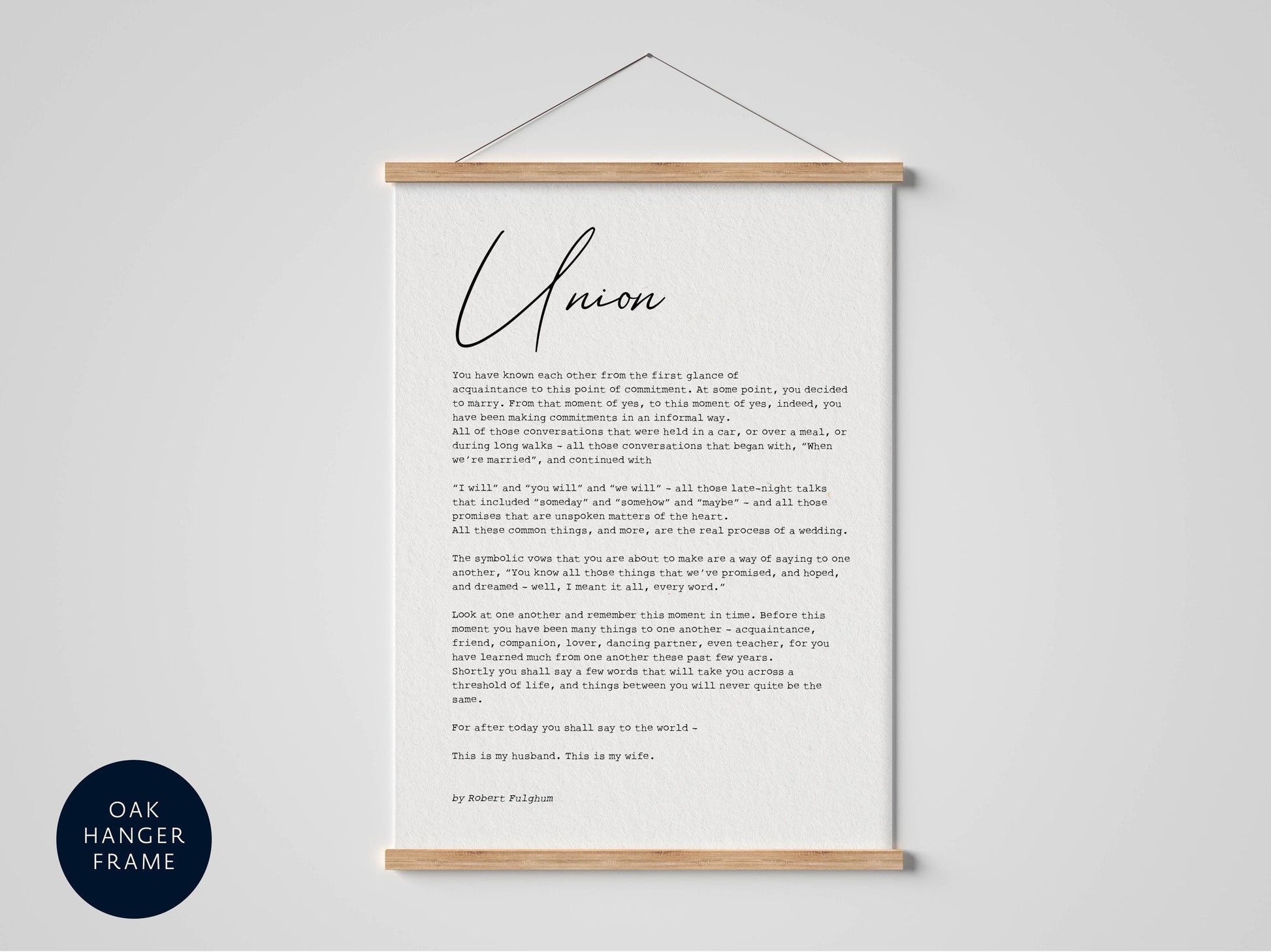 a framed text document titled "Unison" by Robert Flum, which appears to be a handwritten note or letter. The text is written in a cursive font and is framed within a black border. The document is displayed on a white surface, and the image is described as a collage of multiple images.