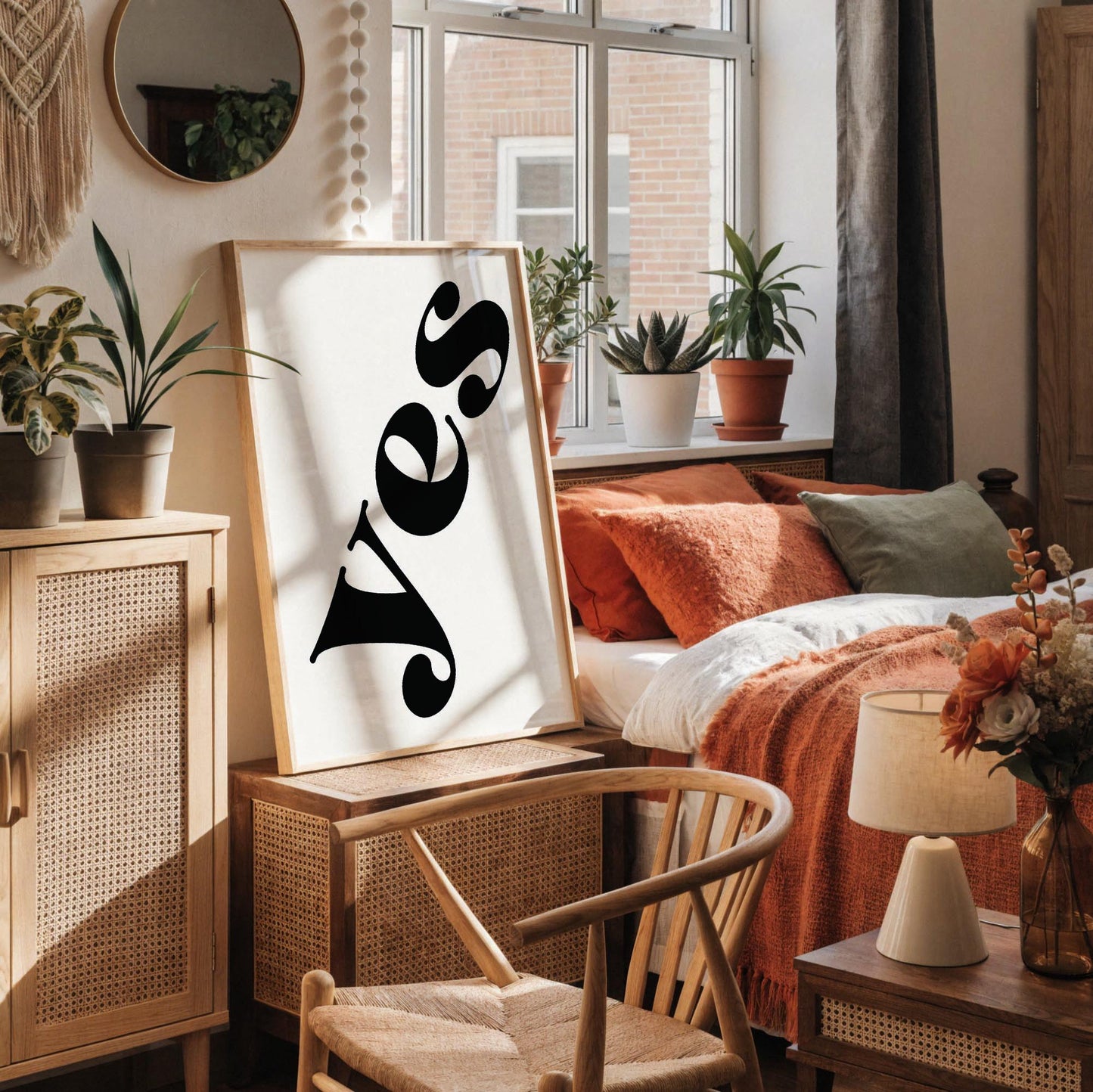 a white desk with a framed poster displaying the word "YES" in bold black letters, a small white vase with dried flowers, a white mug, a notebook, and a small white figurine.