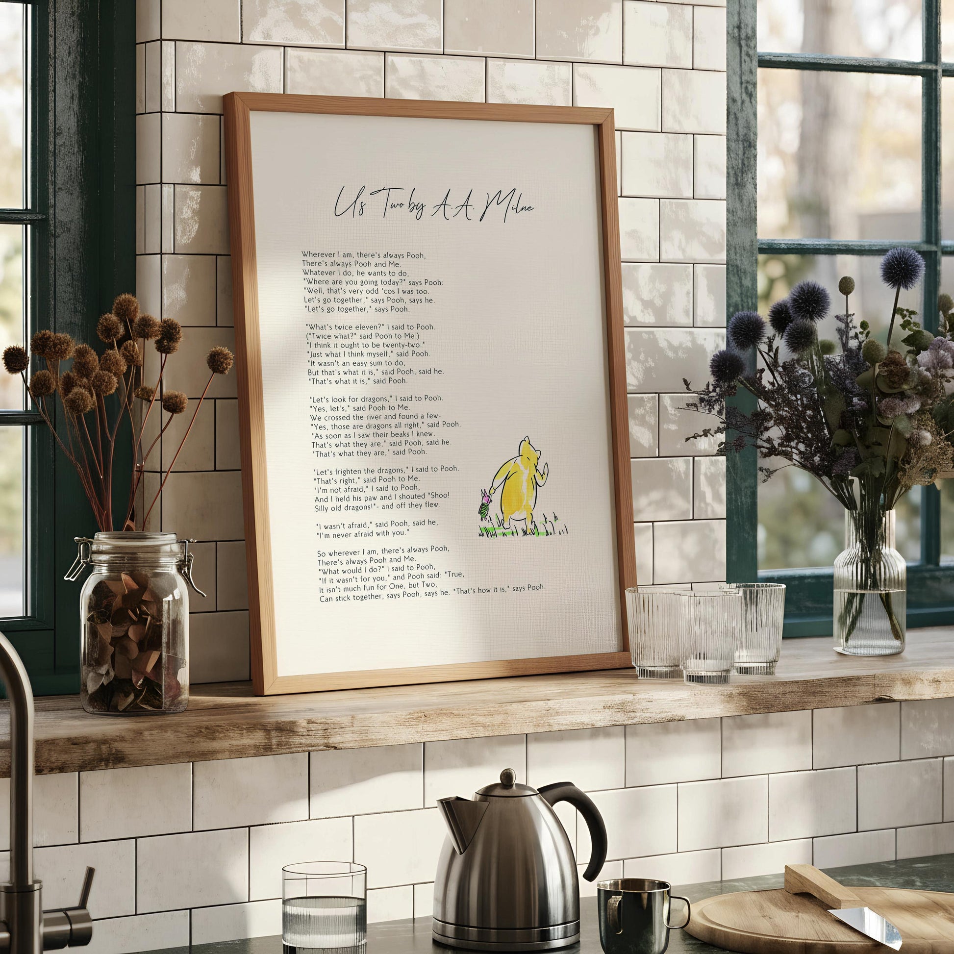 a framed print of a poem titled "Us Two by a Mile" with a yellow duck illustration.