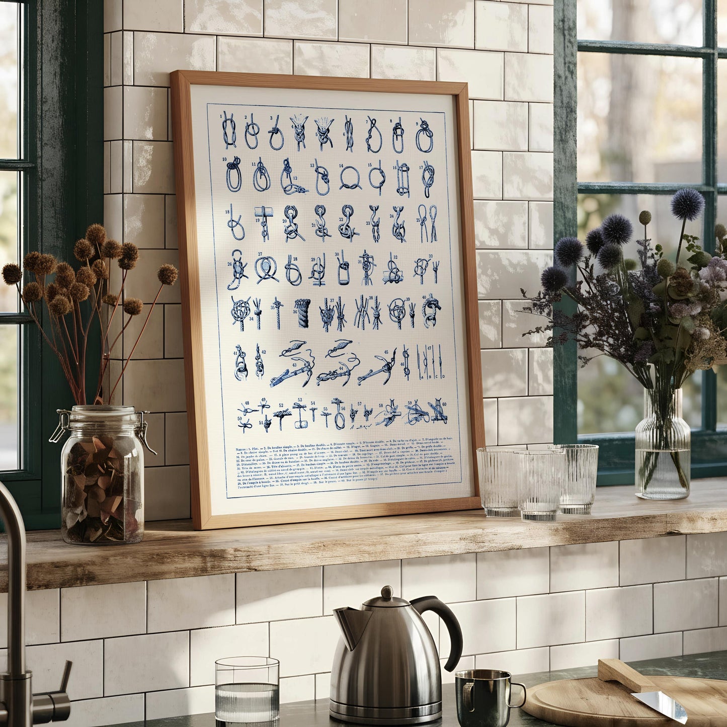 The image is a framed print featuring a collection of various hand-drawn illustrations, including symbols, figures, and objects. The illustrations are arranged in a grid format, and the frame has a wooden border. The image does not contain any text, and the overall composition is minimalistic and simple.