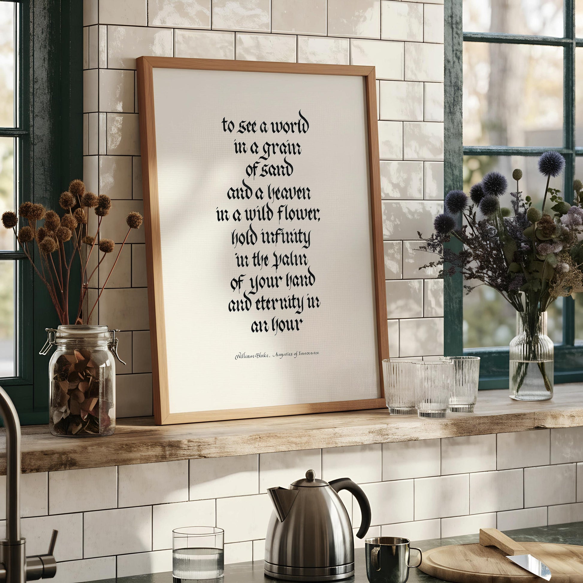 a framed quote in a Gothic-style font, which is described as a "Gothic-style quote" and "Gothic quote" in the provided text. The quote is set against a white background and is framed by a wooden border.