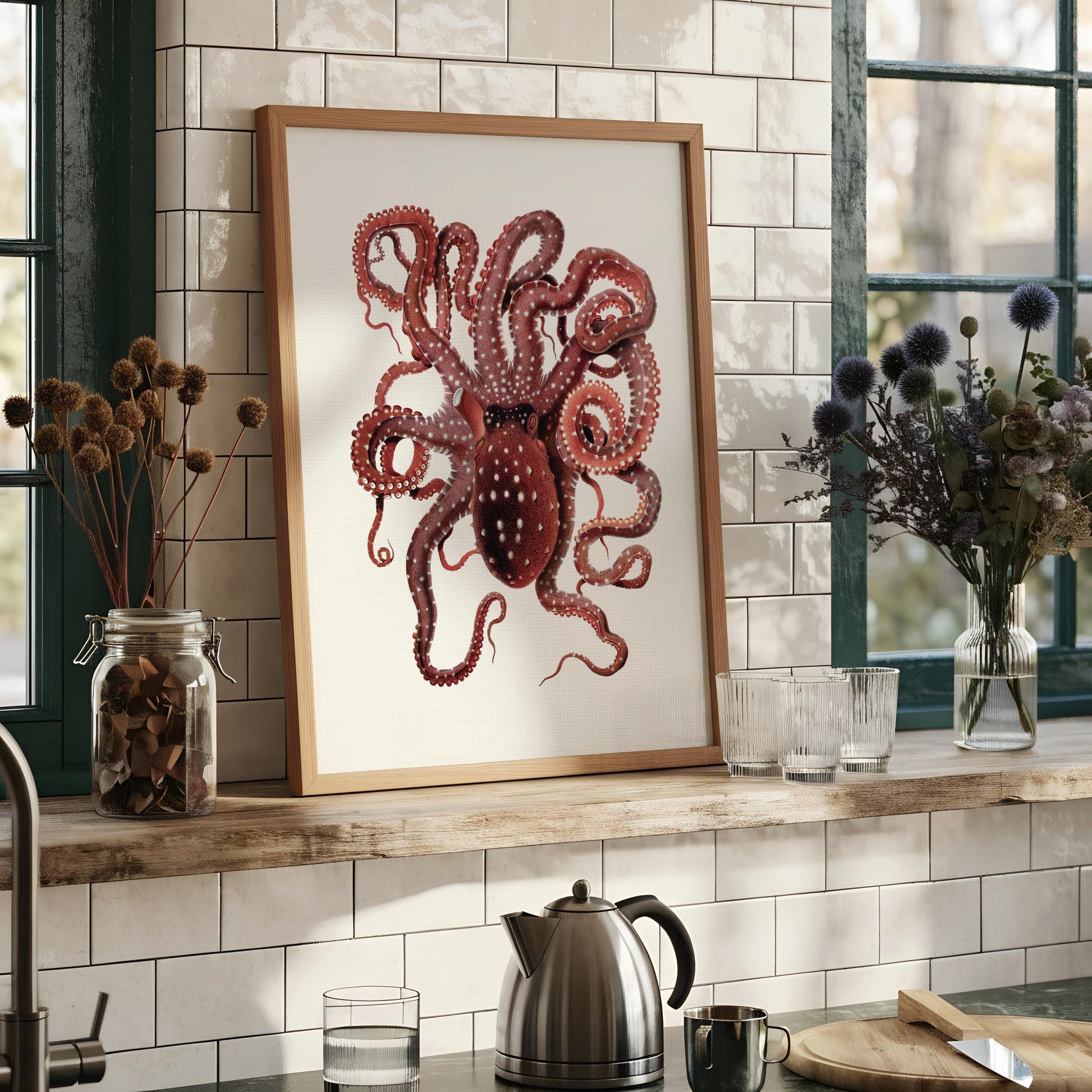 an illustration of an octopus with its tentacles spread out, displayed in a framed artwork on a wall.