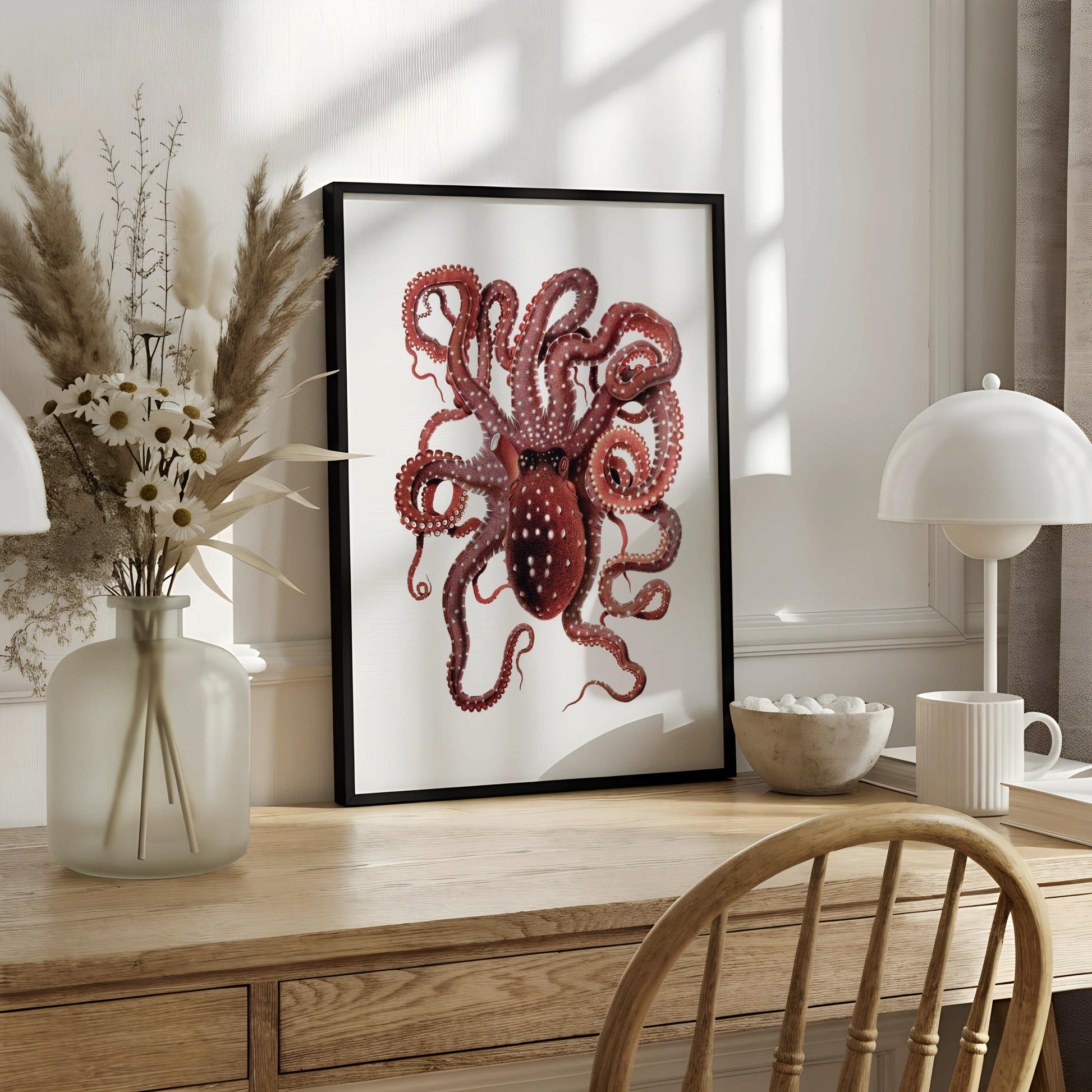 an octopus with its tentacles spread out, creating a striking and detailed illustration.