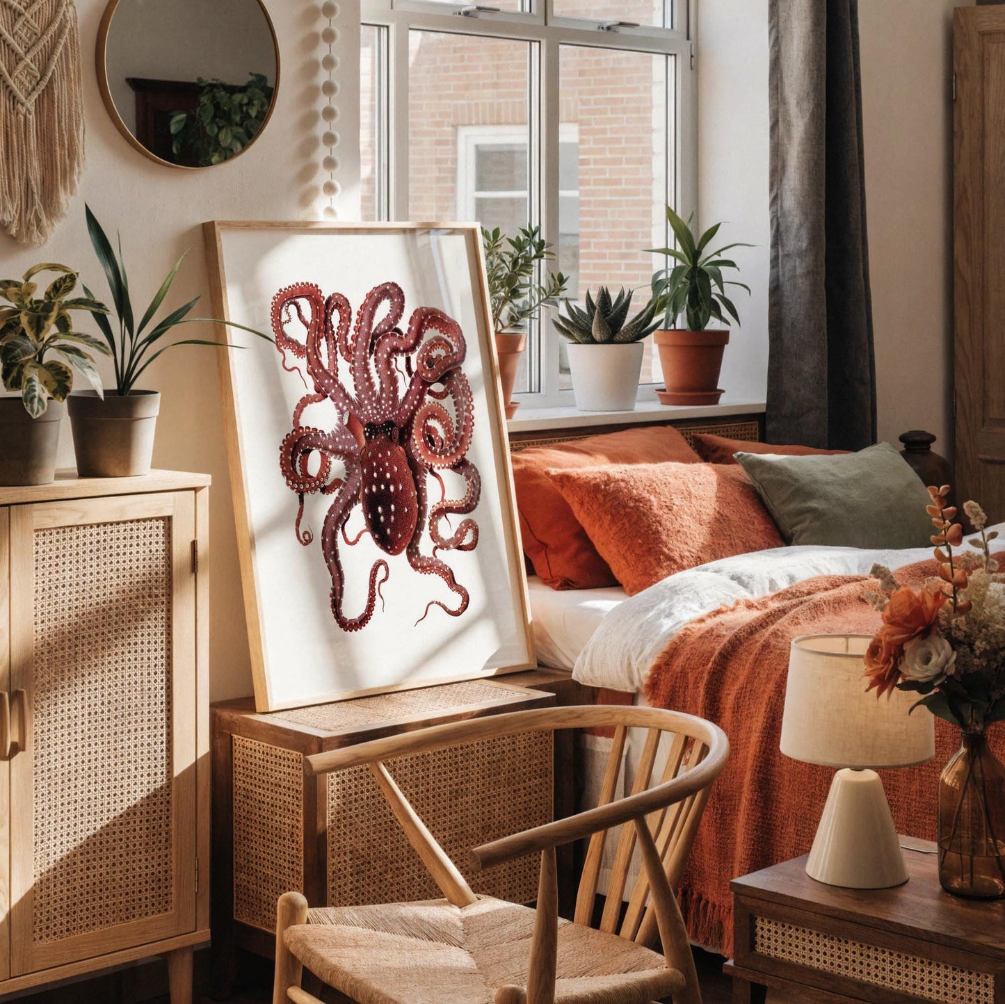 a framed picture of an octopus on a white desk, surrounded by various objects such as a notebook, a cup, and a vase.