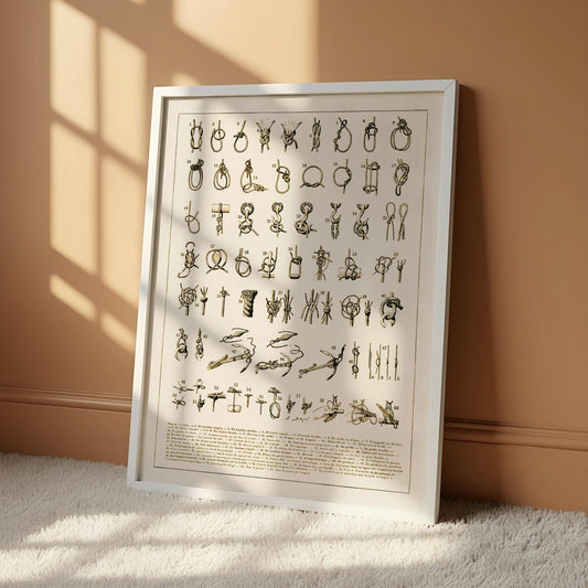 The image is a framed print featuring a collection of various knot illustrations.