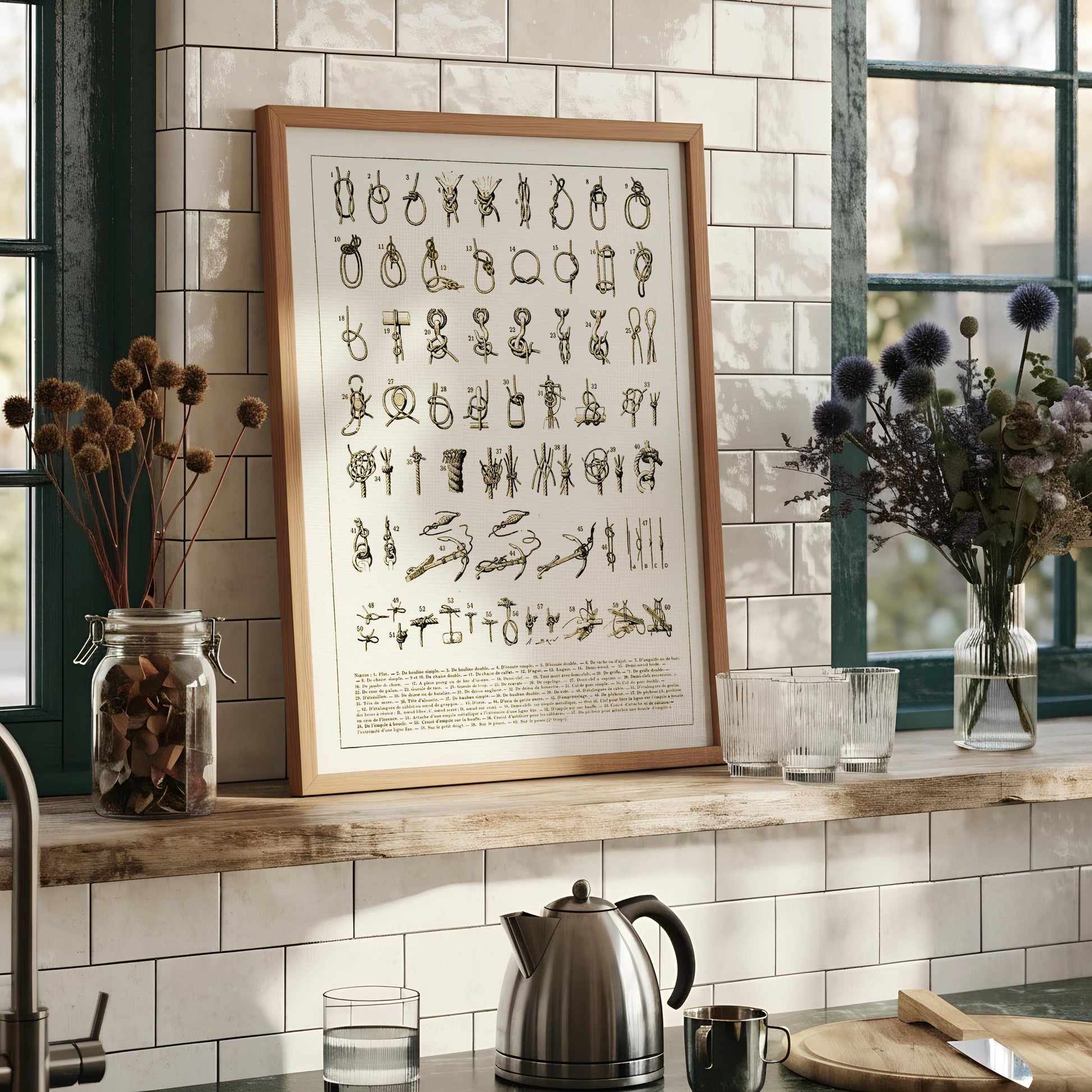 The image is a framed print featuring a collection of various illustrations, including symbols, objects, and figures, arranged in a grid-like pattern.