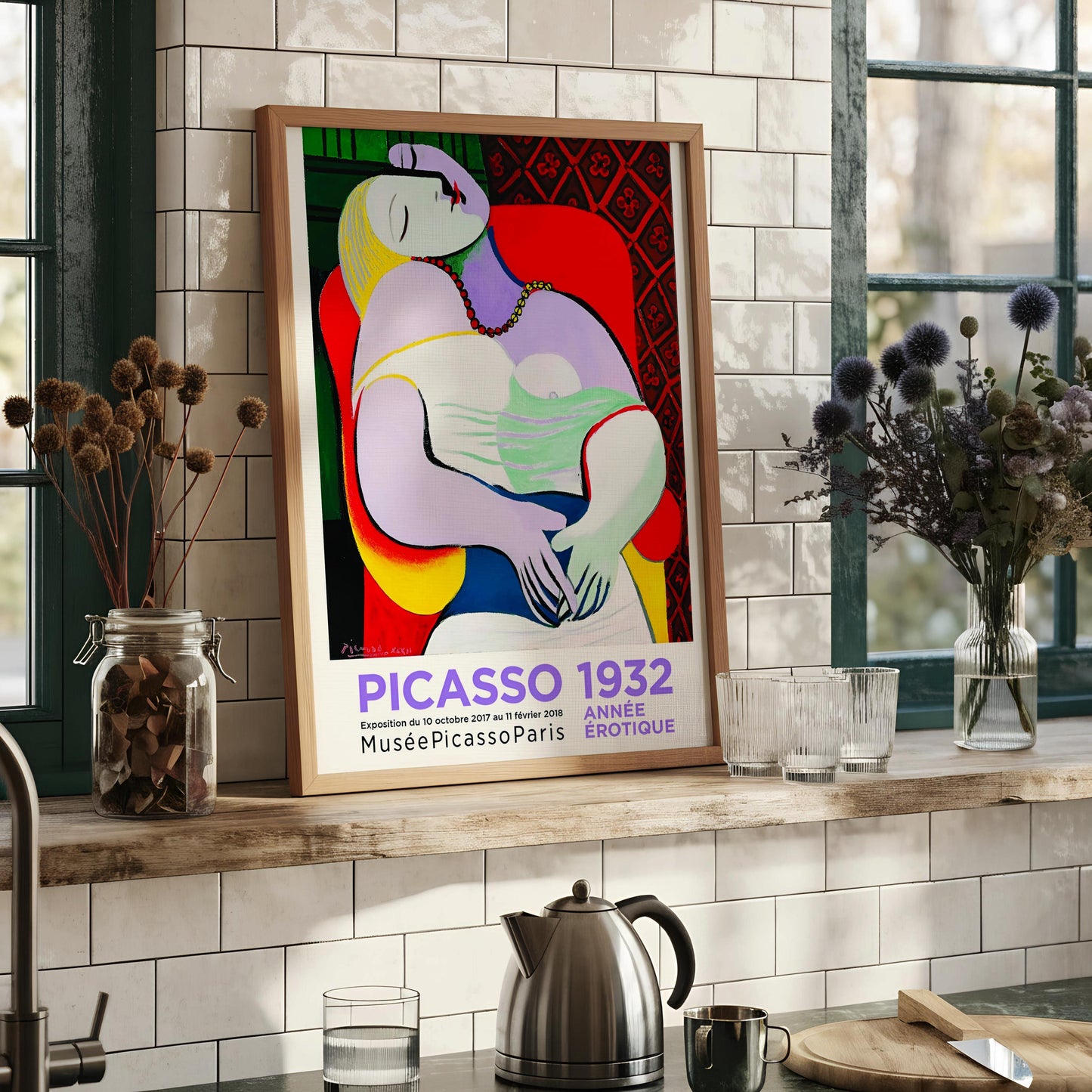 The image is a framed poster of the painting "PICasso 1932" by an unidentified artist, depicting a woman in a reclining position.