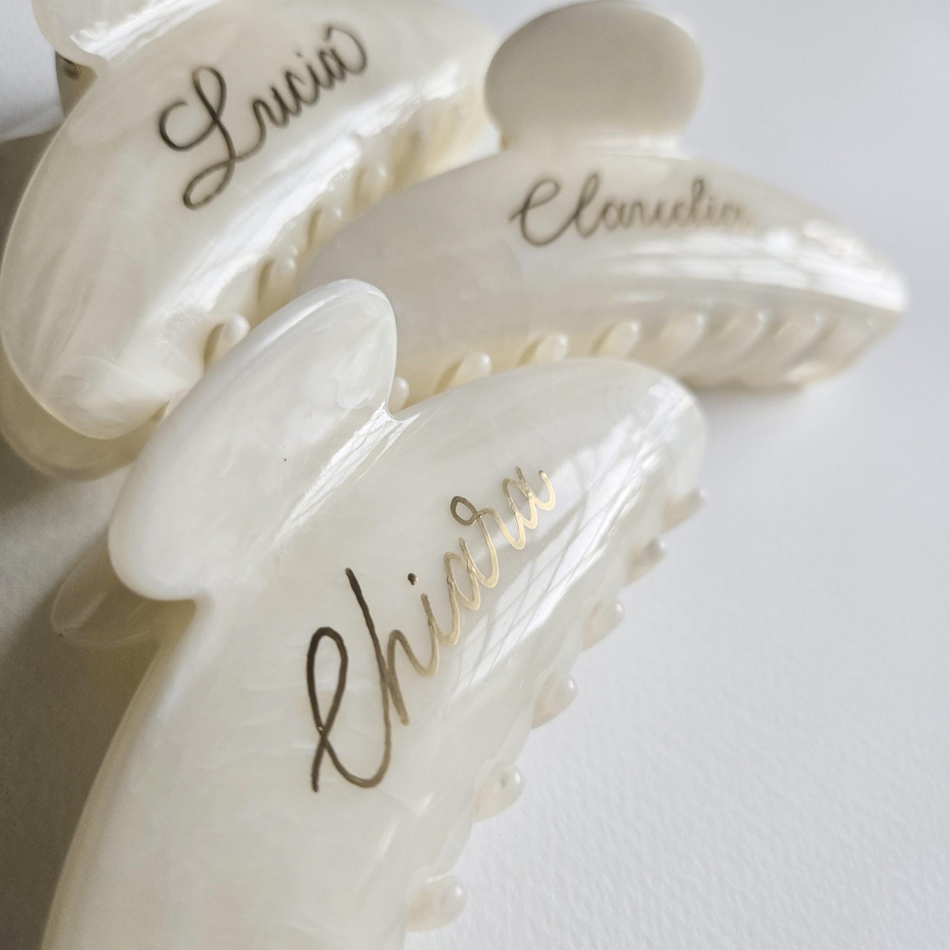 Personalised Hair Clip | Gold Calligraphy Name | Ivory Wedding Favour | Bridesmaid Gift | Custom Hair Accessory