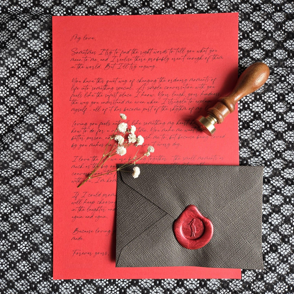 Personalised Love Letter with Red Wax Seal, Pressed Flowers, Romantic Gift