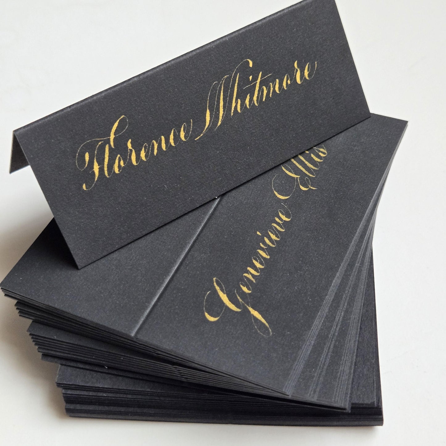 Luxury Black Wedding Place Cards with Gold Calligraphy | Folded Tent Escort Place Setting | Elegant Black Tie Wedding Table Name Placements