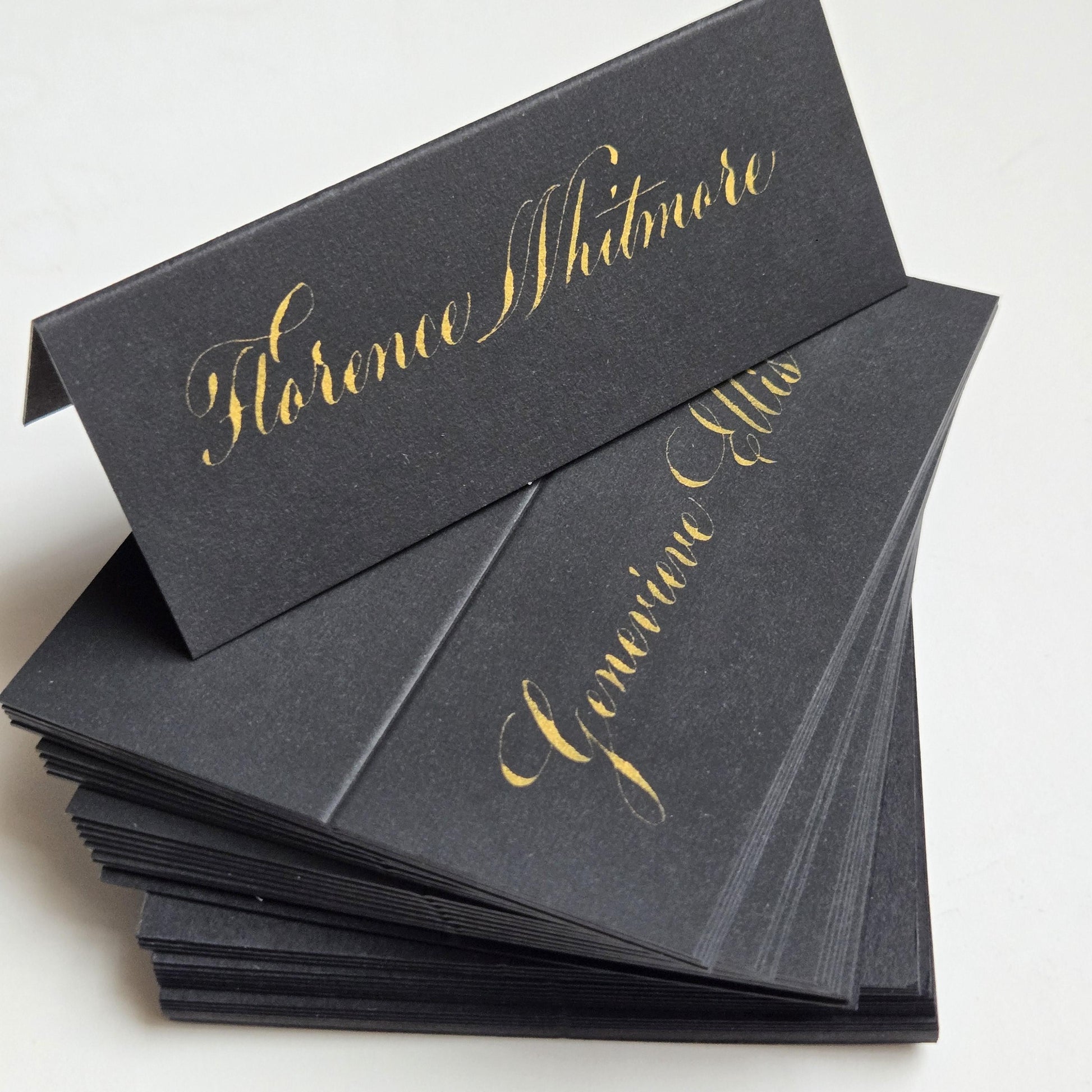 Luxury Black Wedding Place Cards with Gold Calligraphy | Folded Tent Escort Place Setting | Elegant Black Tie Wedding Table Name Placements