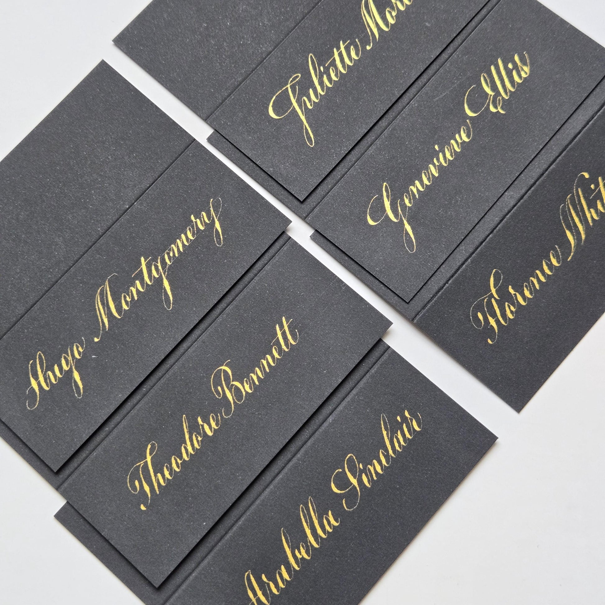 Luxury Black Wedding Place Cards with Gold Calligraphy | Folded Tent Escort Place Setting | Elegant Black Tie Wedding Table Name Placements