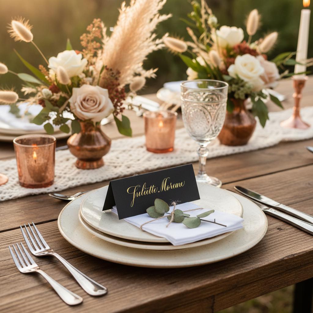 Luxury Black Wedding Place Cards with Gold Calligraphy | Folded Tent Escort Place Setting | Elegant Black Tie Wedding Table Name Placements