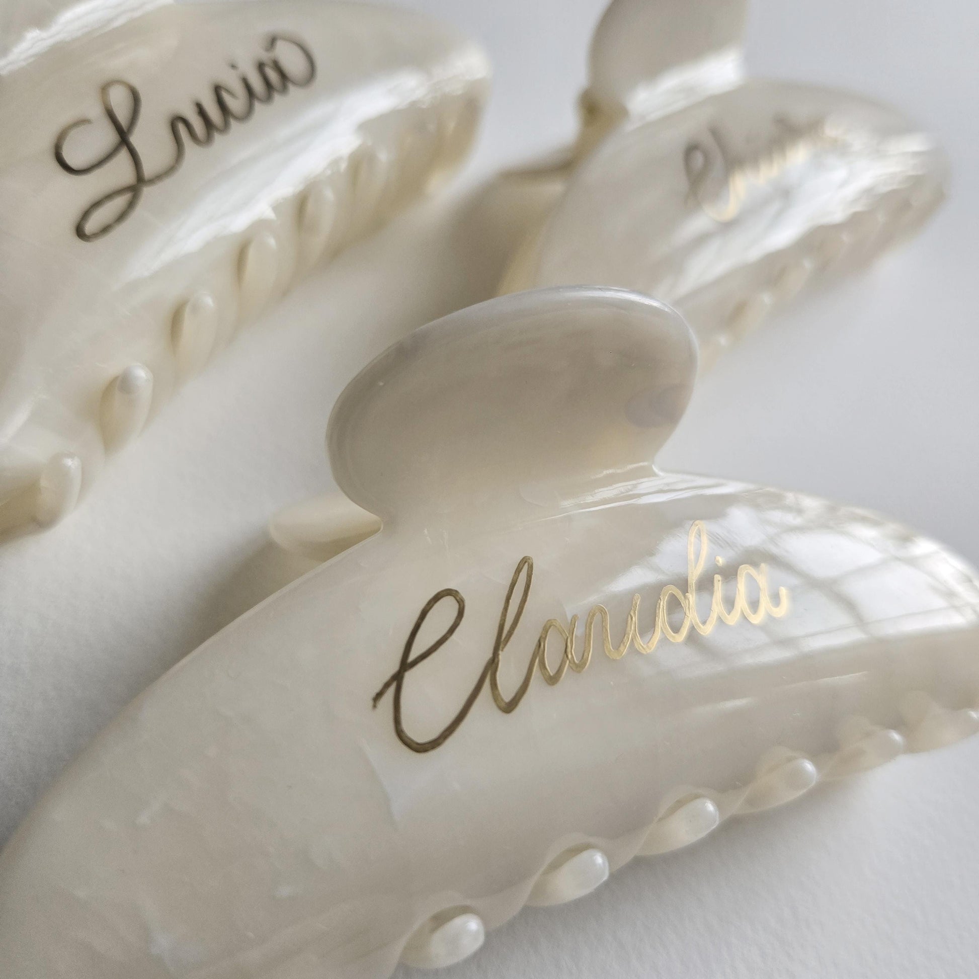 Personalised Hair Clip | Gold Calligraphy Name | Ivory Wedding Favour | Bridesmaid Gift | Custom Hair Accessory