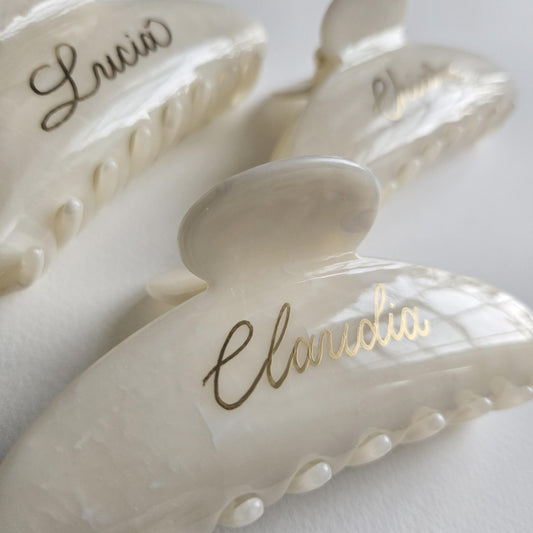 Personalised Hair Clip | Gold Calligraphy Name | Ivory Wedding Favour | Bridesmaid Gift | Custom Hair Accessory