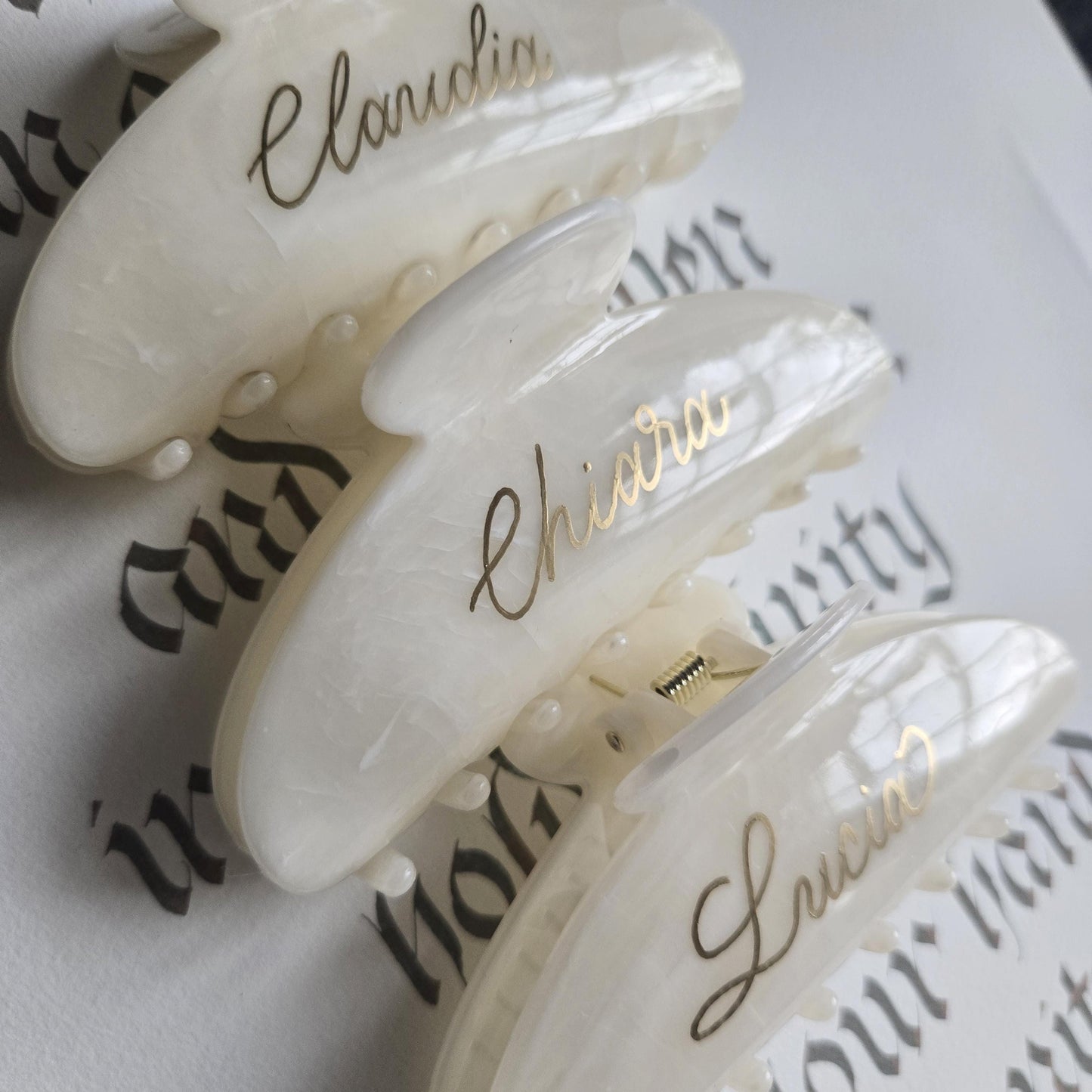Personalised Hair Clip | Gold Calligraphy Name | Ivory Wedding Favour | Bridesmaid Gift | Custom Hair Accessory