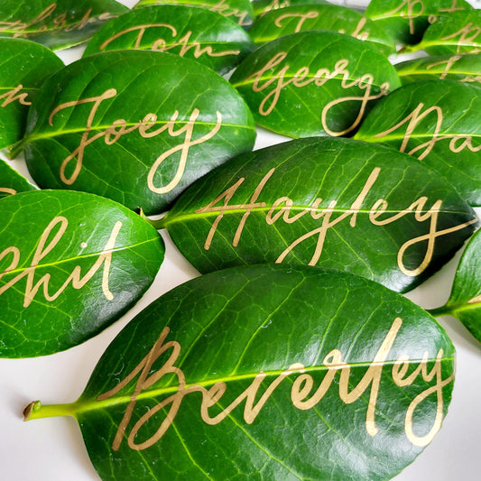 Hand Leaf Place Cards | Gold Calligraphy Wedding Favors, Boho Decor, Name placements, Table Setting