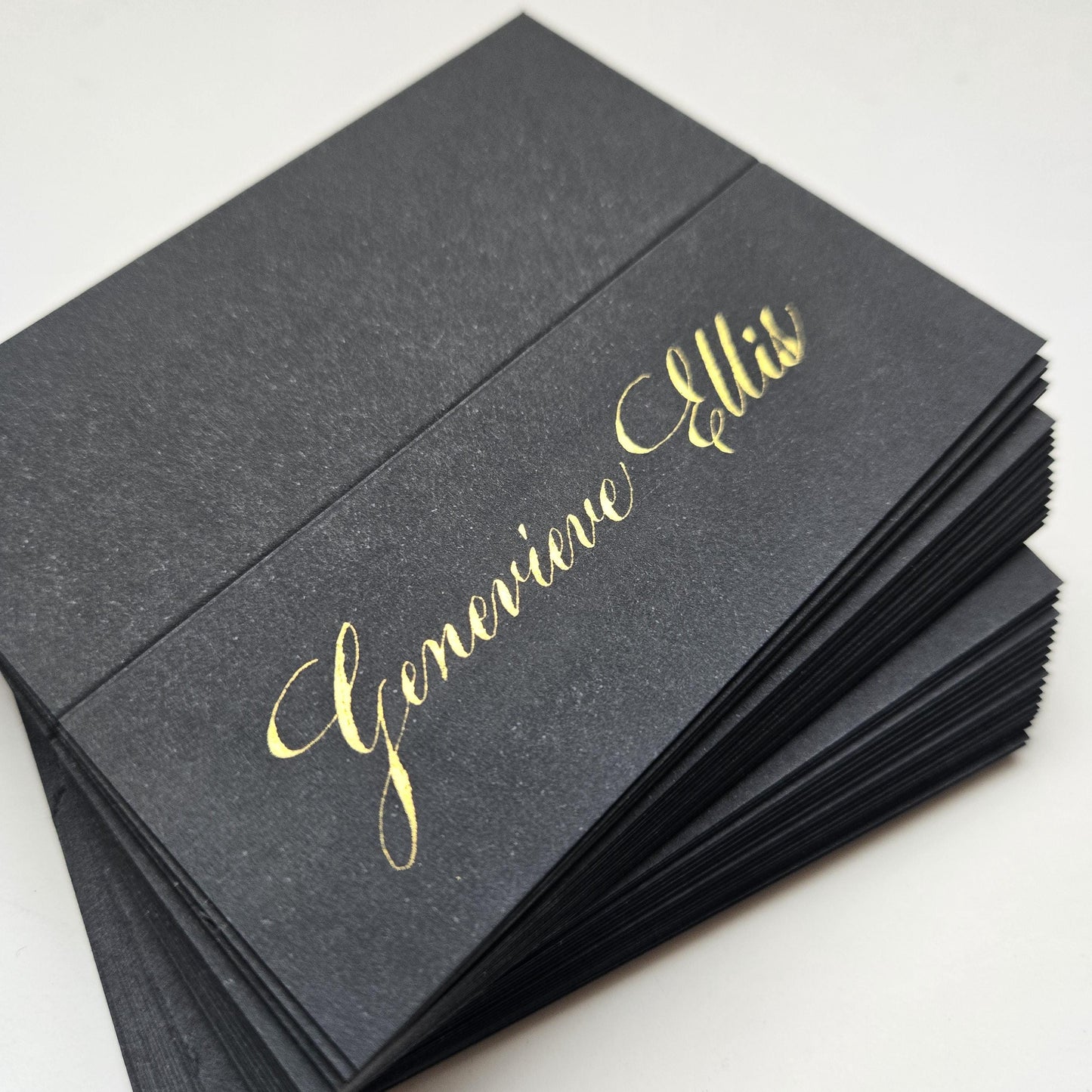 Luxury Black Wedding Place Cards with Gold Calligraphy | Folded Tent Escort Place Setting | Elegant Black Tie Wedding Table Name Placements