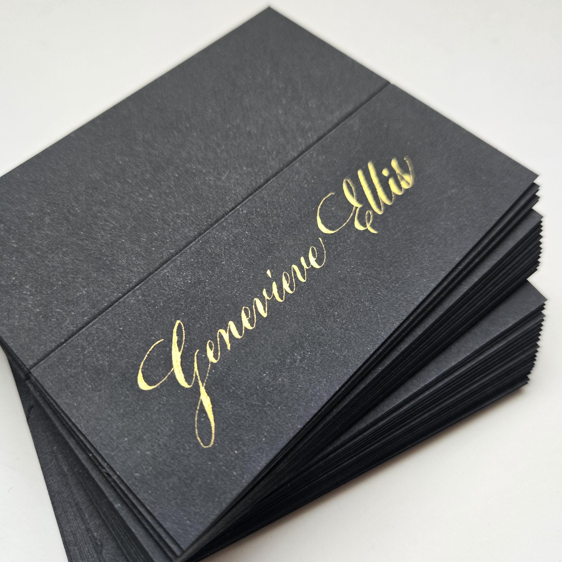 Luxury Black Wedding Place Cards with Gold Calligraphy | Folded Tent Escort Place Setting | Elegant Black Tie Wedding Table Name Placements