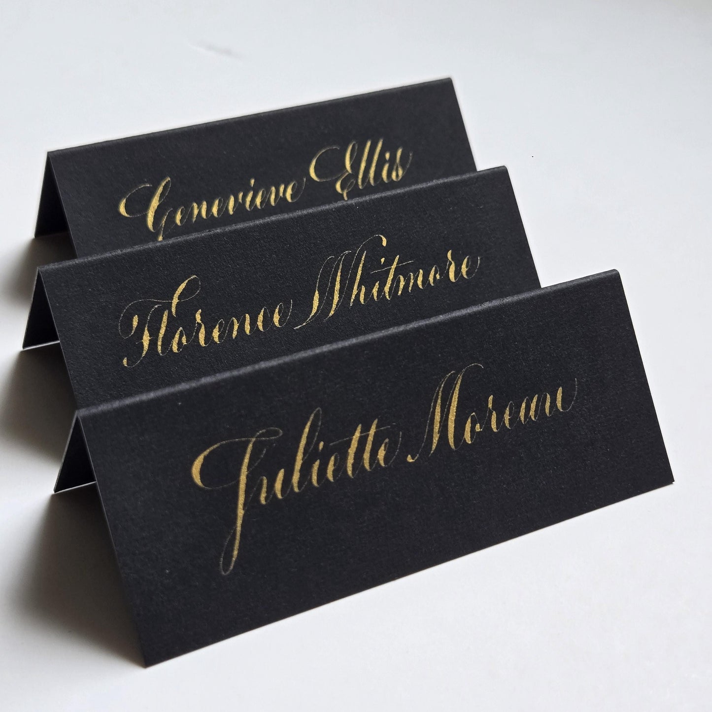 Luxury Black Wedding Place Cards with Gold Calligraphy | Folded Tent Escort Place Setting | Elegant Black Tie Wedding Table Name Placements