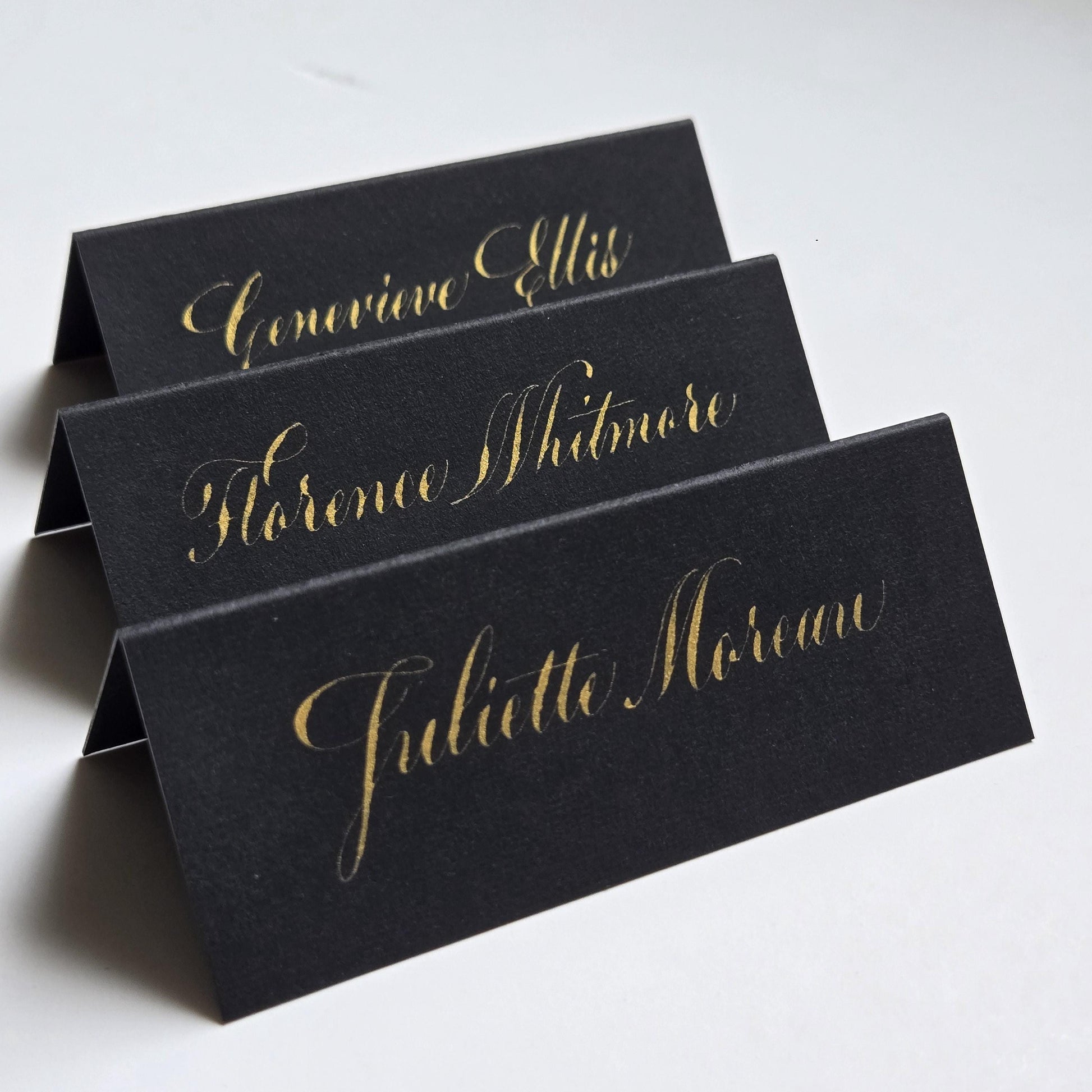 Luxury Black Wedding Place Cards with Gold Calligraphy | Folded Tent Escort Place Setting | Elegant Black Tie Wedding Table Name Placements