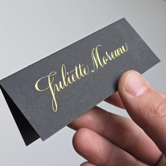 Luxury Black Wedding Place Cards with Gold Calligraphy | Folded Tent Escort Place Setting | Elegant Black Tie Wedding Table Name Placements
