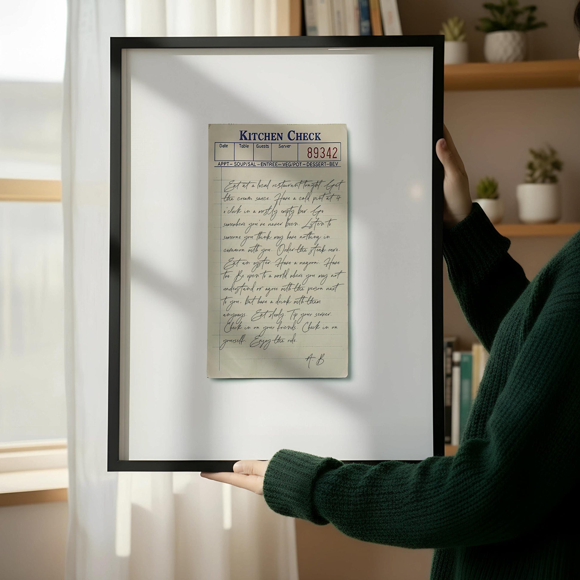 Anthony Bourdain Quote Print | Eat At A Local Restaurant | Foodie Wall Art | Kitchen Print | Restaurant Gift | Chef | Handwritten Check