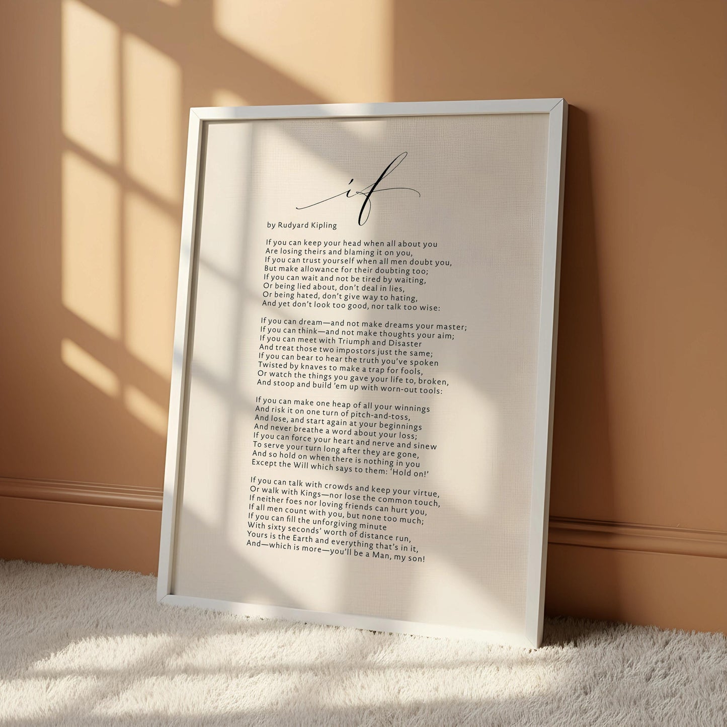 a framed poem titled "I am" displayed on a white desk, accompanied by a notebook, a cup, and a vase with dried flowers.