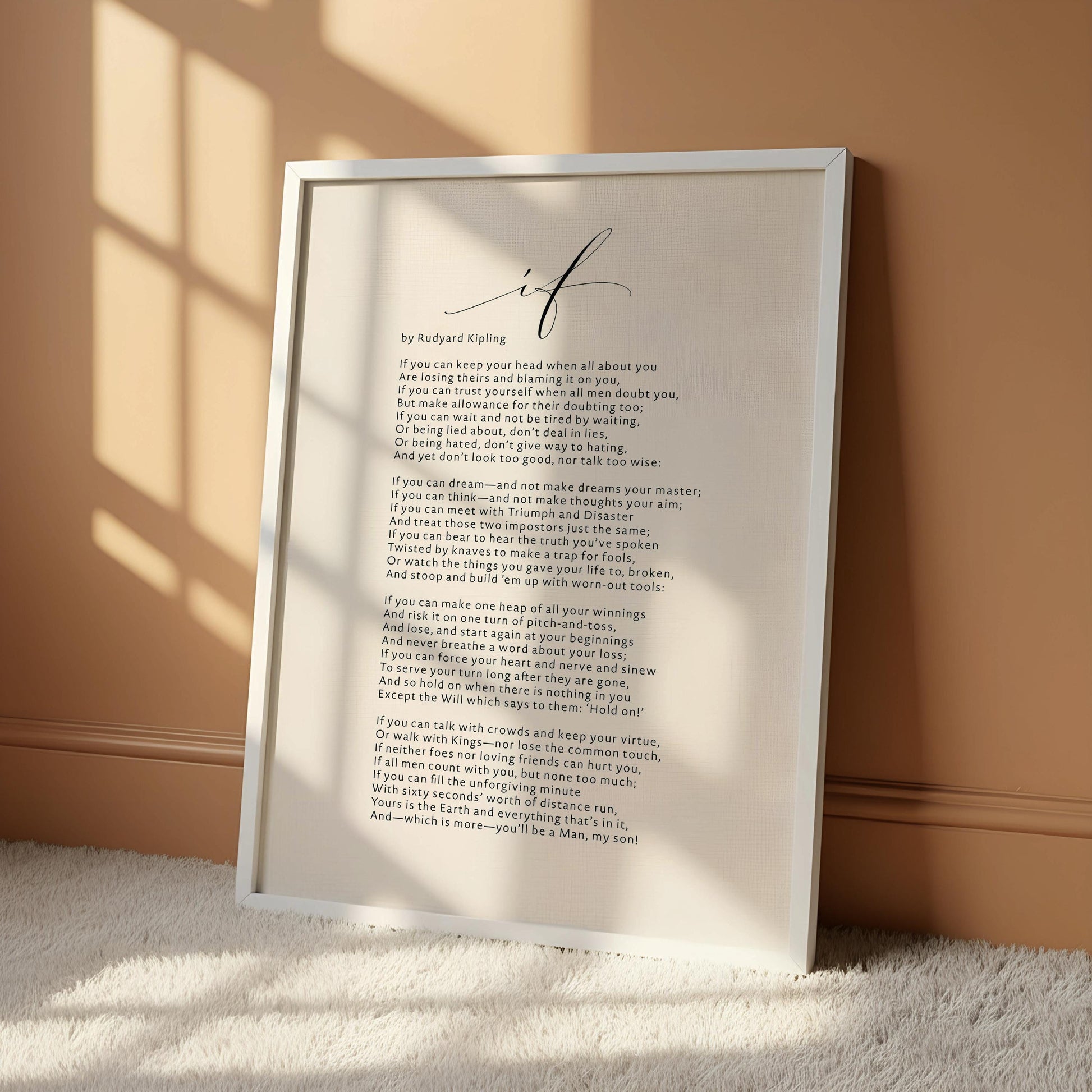 a framed poem titled "I am" displayed on a white desk, accompanied by a notebook, a cup, and a vase with dried flowers.