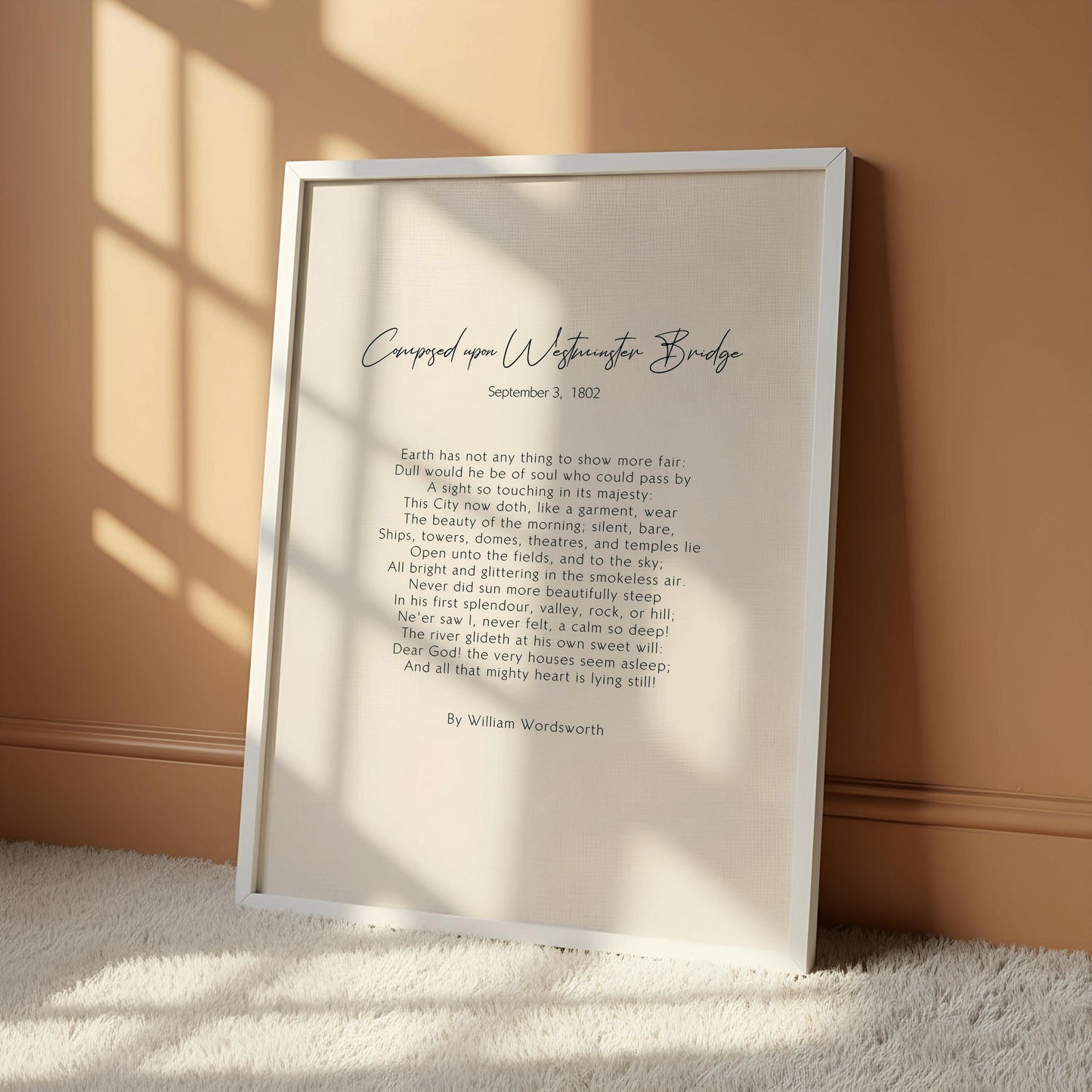 a white poster with a black cursive title and a poem written in black ink.