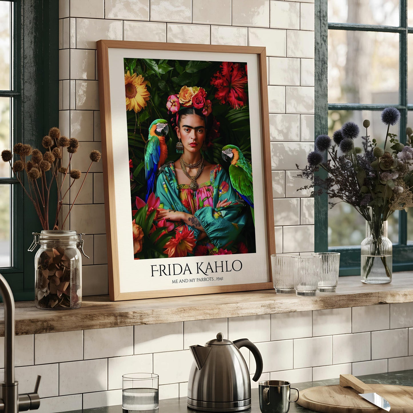Frida Kahlo Parrots Art Print | Tropical Portrait Wall Art | Mexican Artist Poster | Colourful Botanical Decor | Feminist Gift